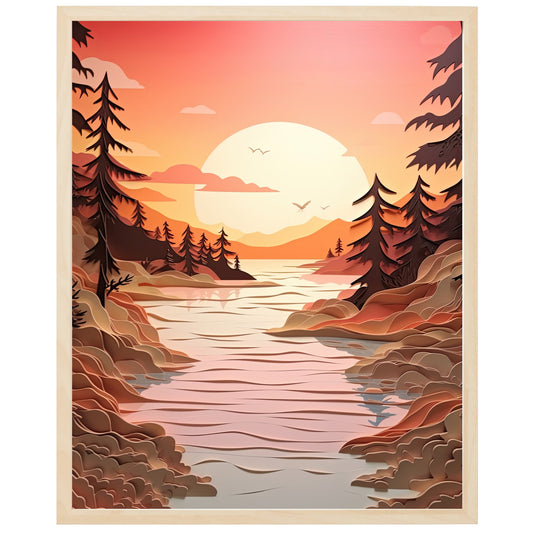 Billede af smuk solnedgang med refleksioner på vandet. Himmelen maler sig i orange og lilla nuancer. Spejlbilledet på vandoverfladen skaber et spektakulært billede. Beroligende og fredfyldt øjeblik i naturens skønhed.