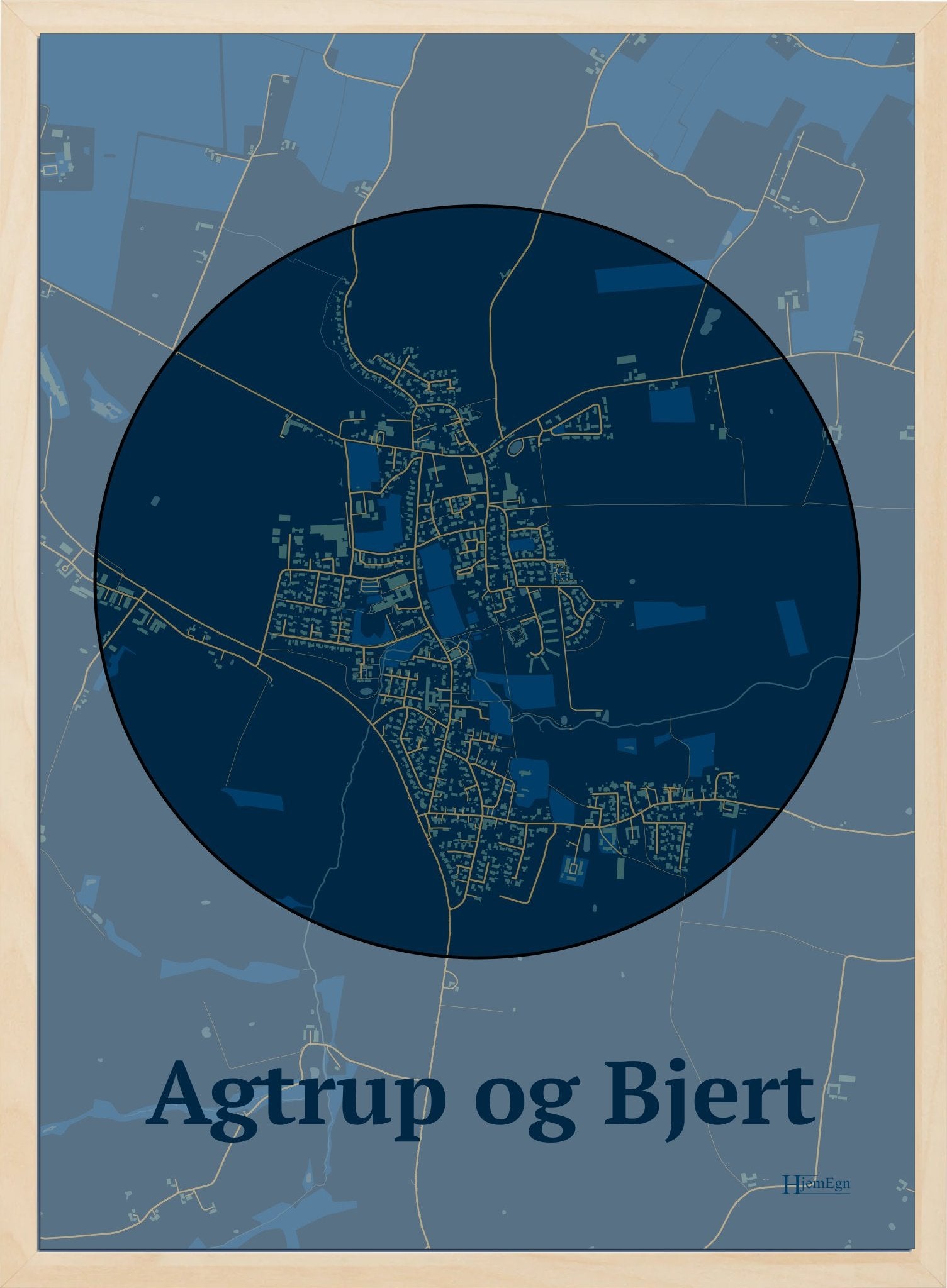 Agtrup Og Bjert plakat i farve mørk blå og HjemEgn.dk design centrum. Design bykort for Agtrup Og Bjert