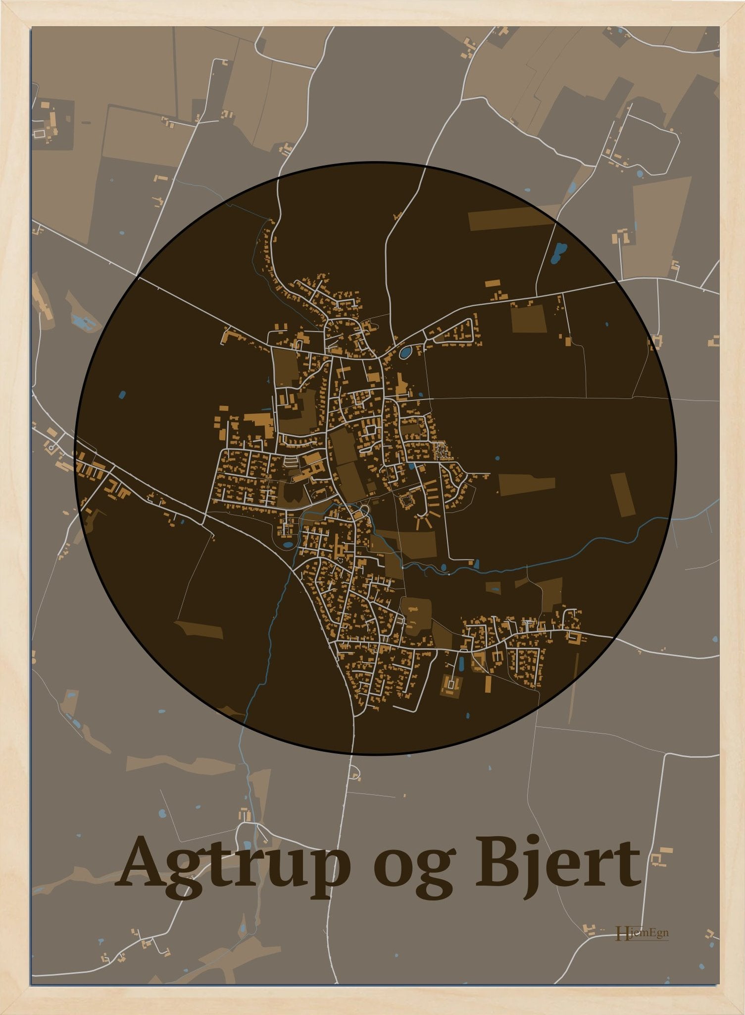 Agtrup Og Bjert plakat i farve mørk brun og HjemEgn.dk design centrum. Design bykort for Agtrup Og Bjert