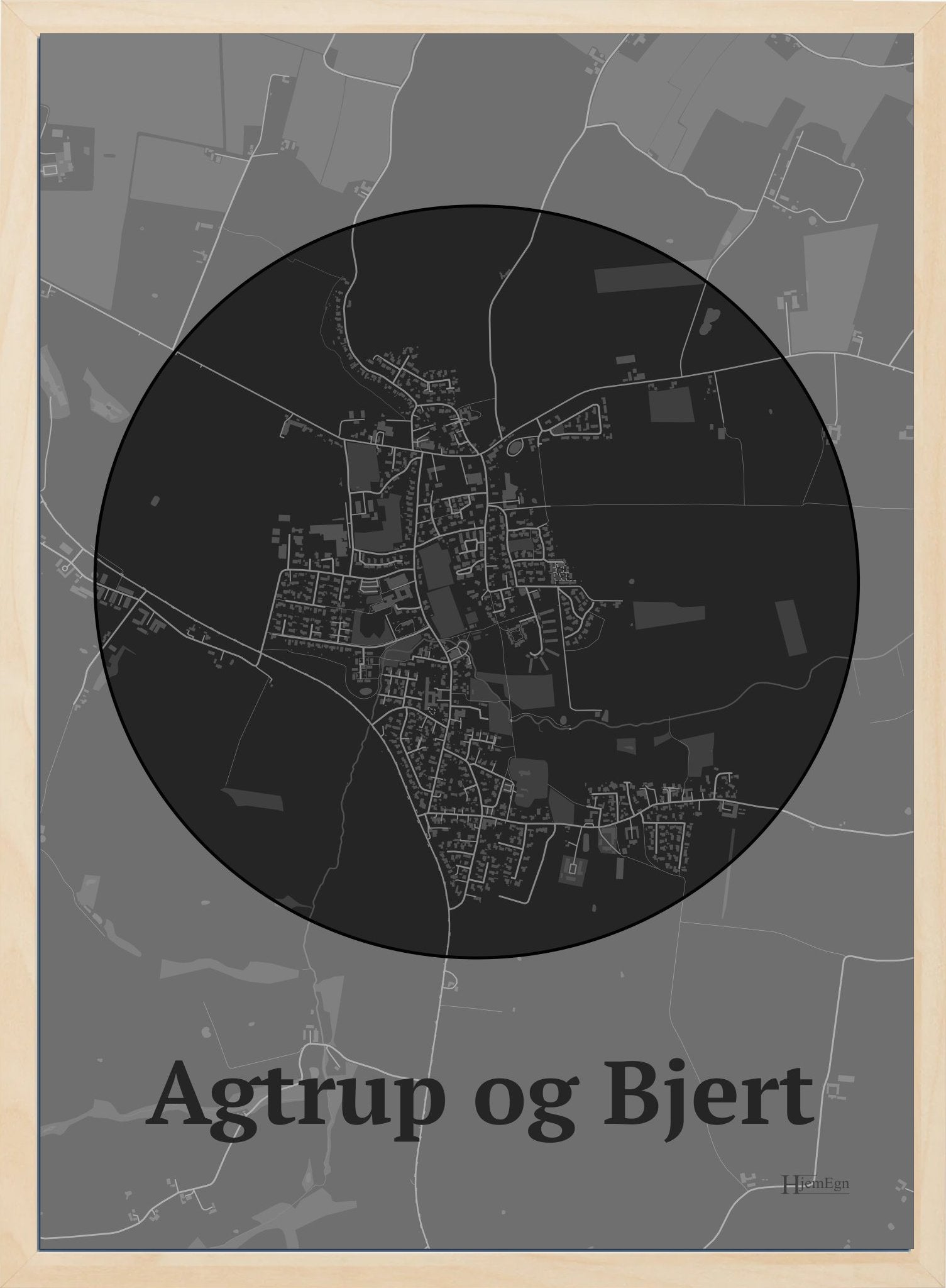 Agtrup Og Bjert plakat i farve mørk grå og HjemEgn.dk design centrum. Design bykort for Agtrup Og Bjert