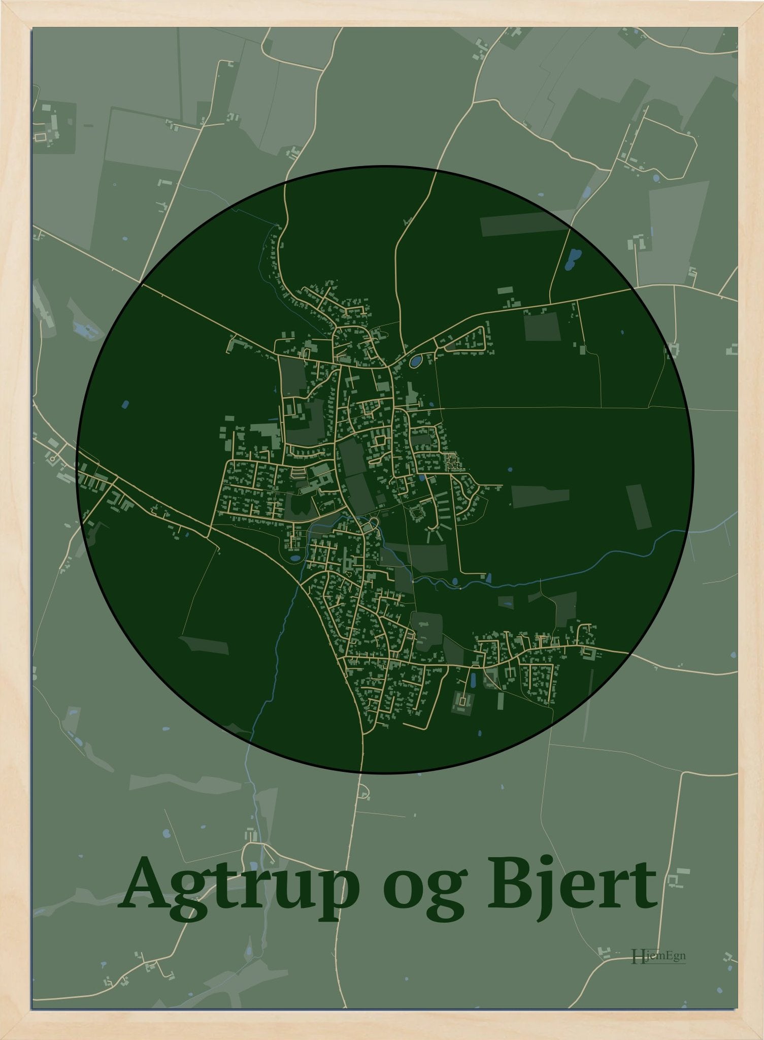 Agtrup Og Bjert plakat i farve mørk grøn og HjemEgn.dk design centrum. Design bykort for Agtrup Og Bjert