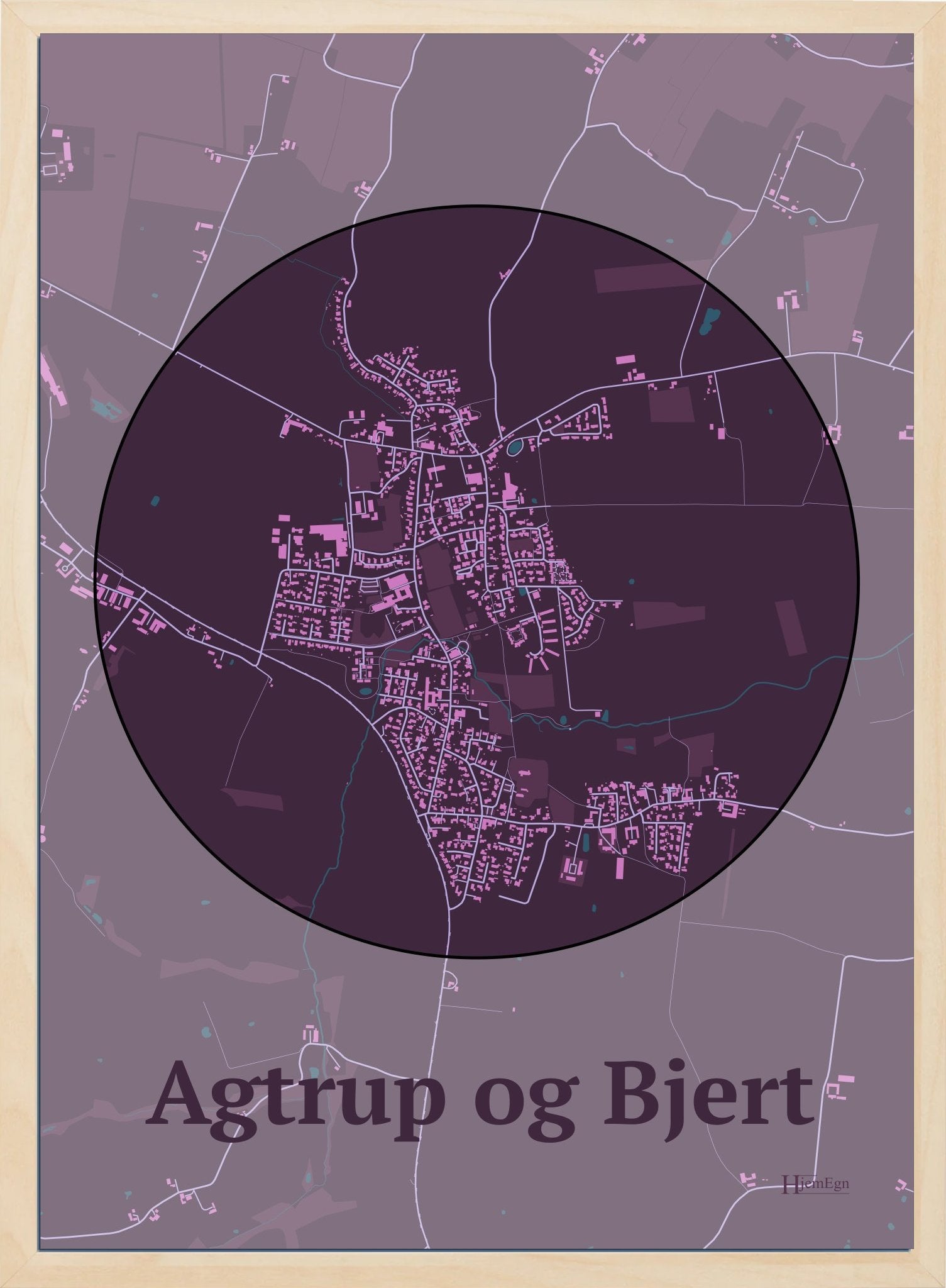 Agtrup Og Bjert plakat i farve mørk rød og HjemEgn.dk design centrum. Design bykort for Agtrup Og Bjert