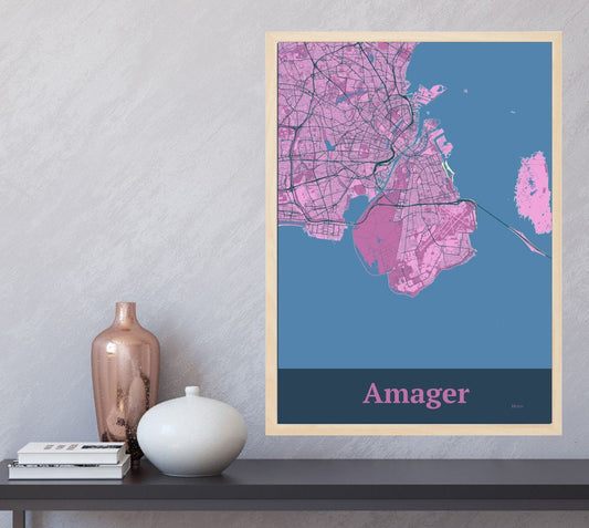 Amager plakat i farve  og HjemEgn.dk design firkantet. Design ø-kort for Amager