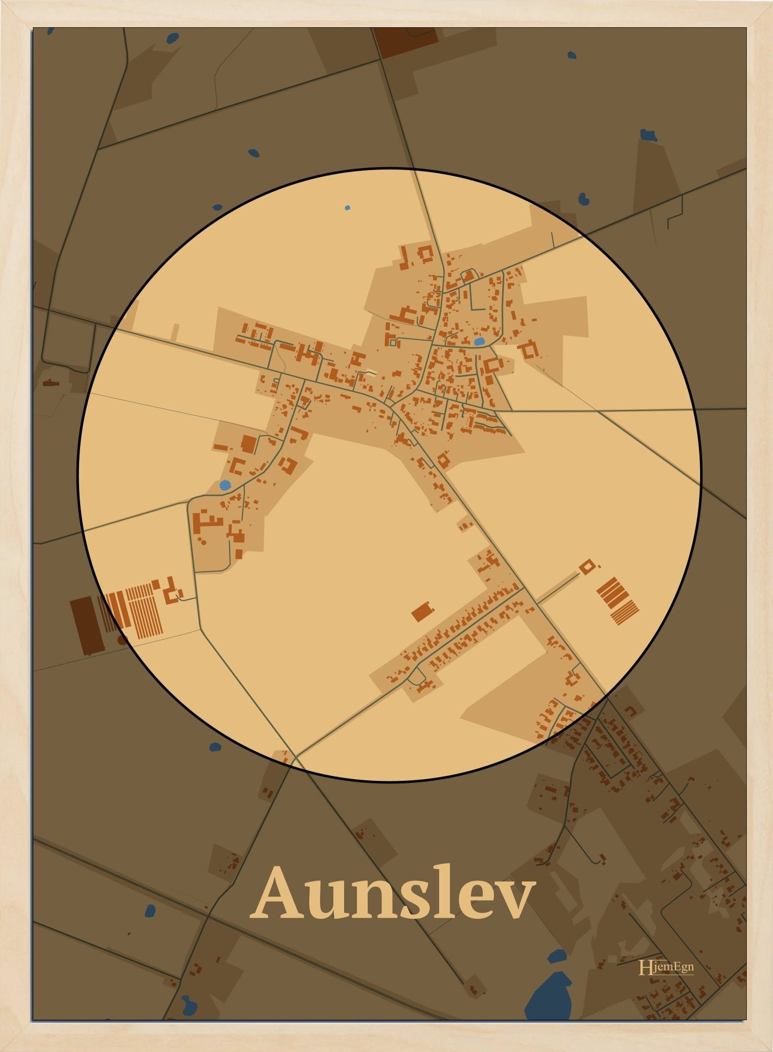 Aunslev plakat i farve pastel brun og HjemEgn.dk design centrum. Design bykort for Aunslev