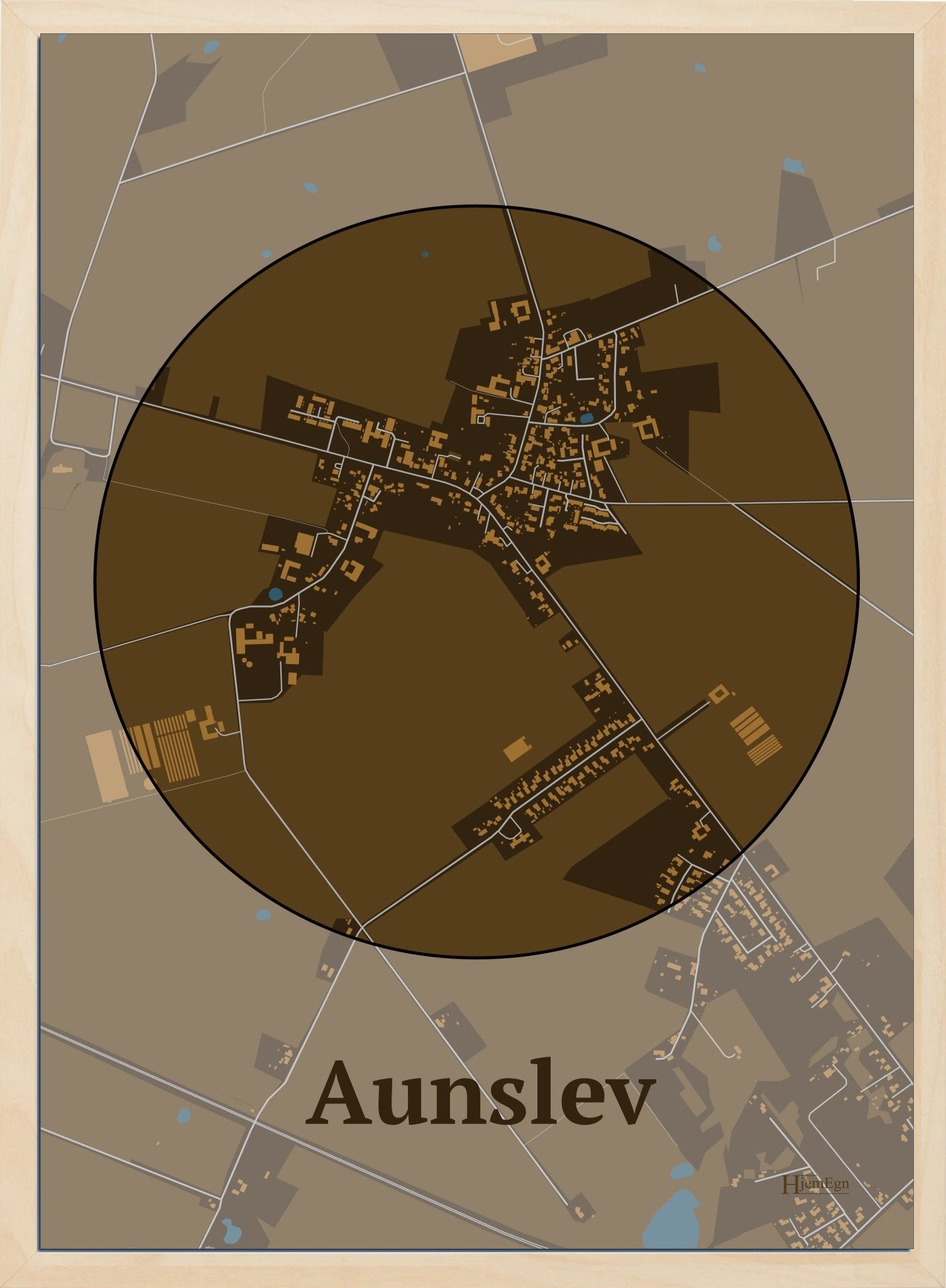 Aunslev plakat i farve mørk brun og HjemEgn.dk design centrum. Design bykort for Aunslev