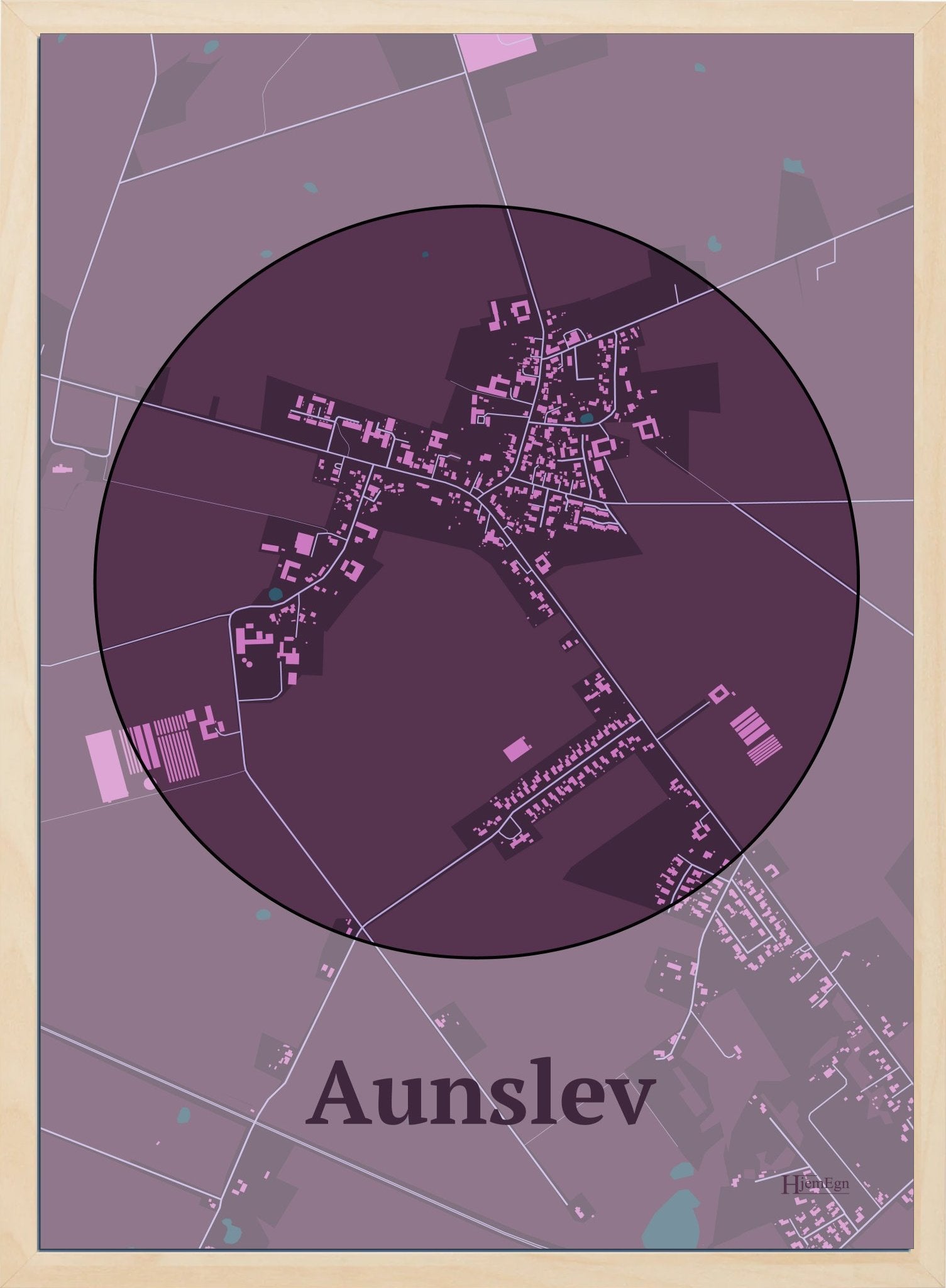 Aunslev plakat i farve mørk rød og HjemEgn.dk design centrum. Design bykort for Aunslev