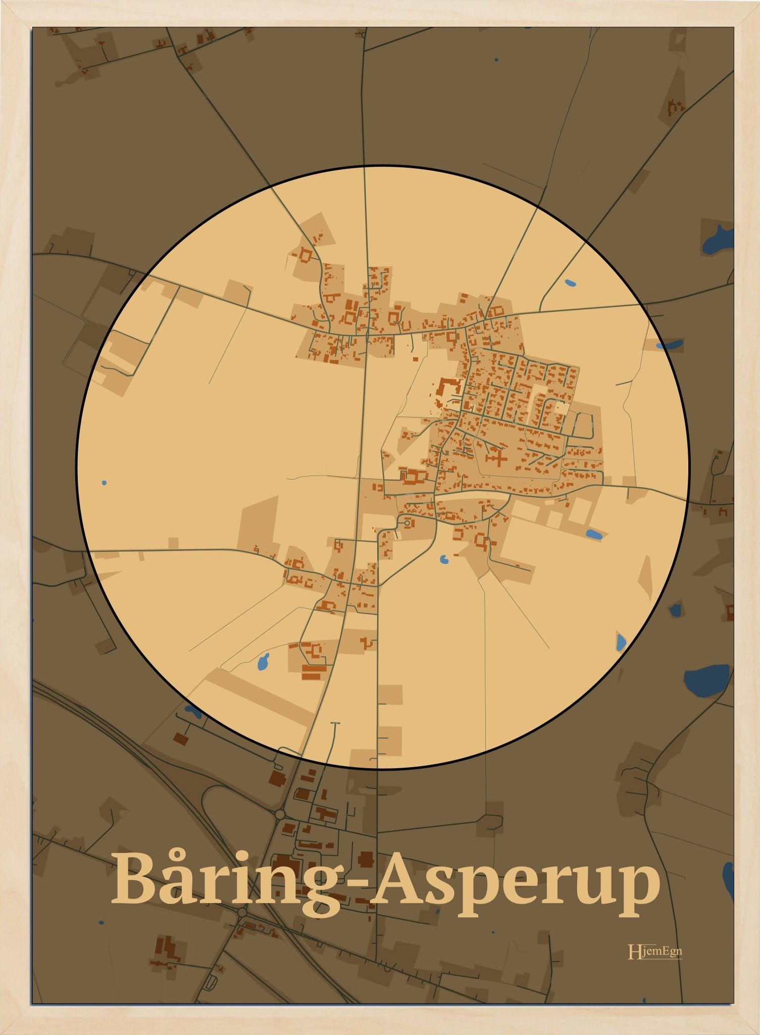 Båring-asperuphjem plakat i farve pastel brun og HjemEgn.dk design firkantet. Design bykort for Båring-asperuphjem
