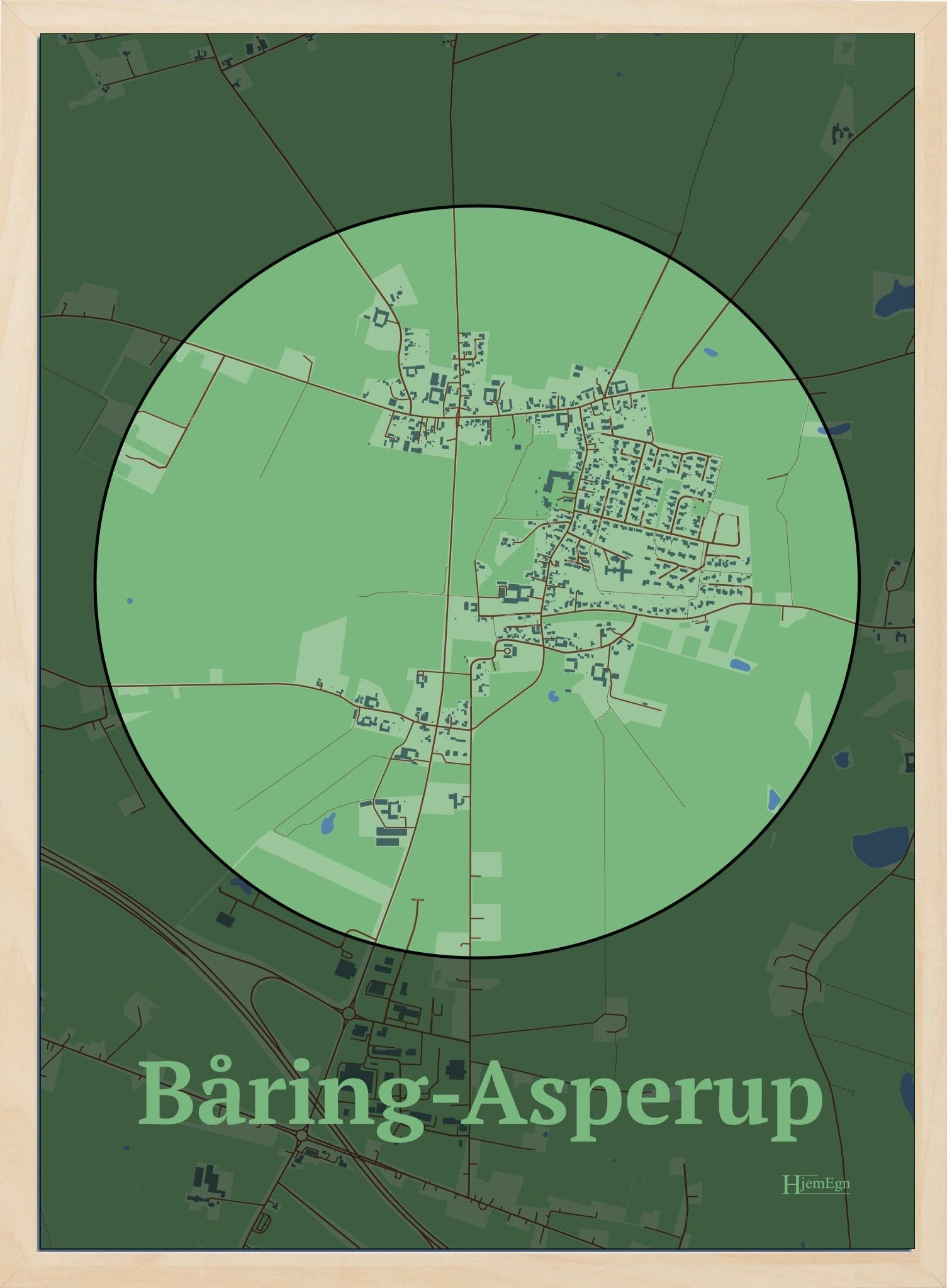 Båring-asperuphjem plakat i farve pastel grøn og HjemEgn.dk design firkantet. Design bykort for Båring-asperuphjem