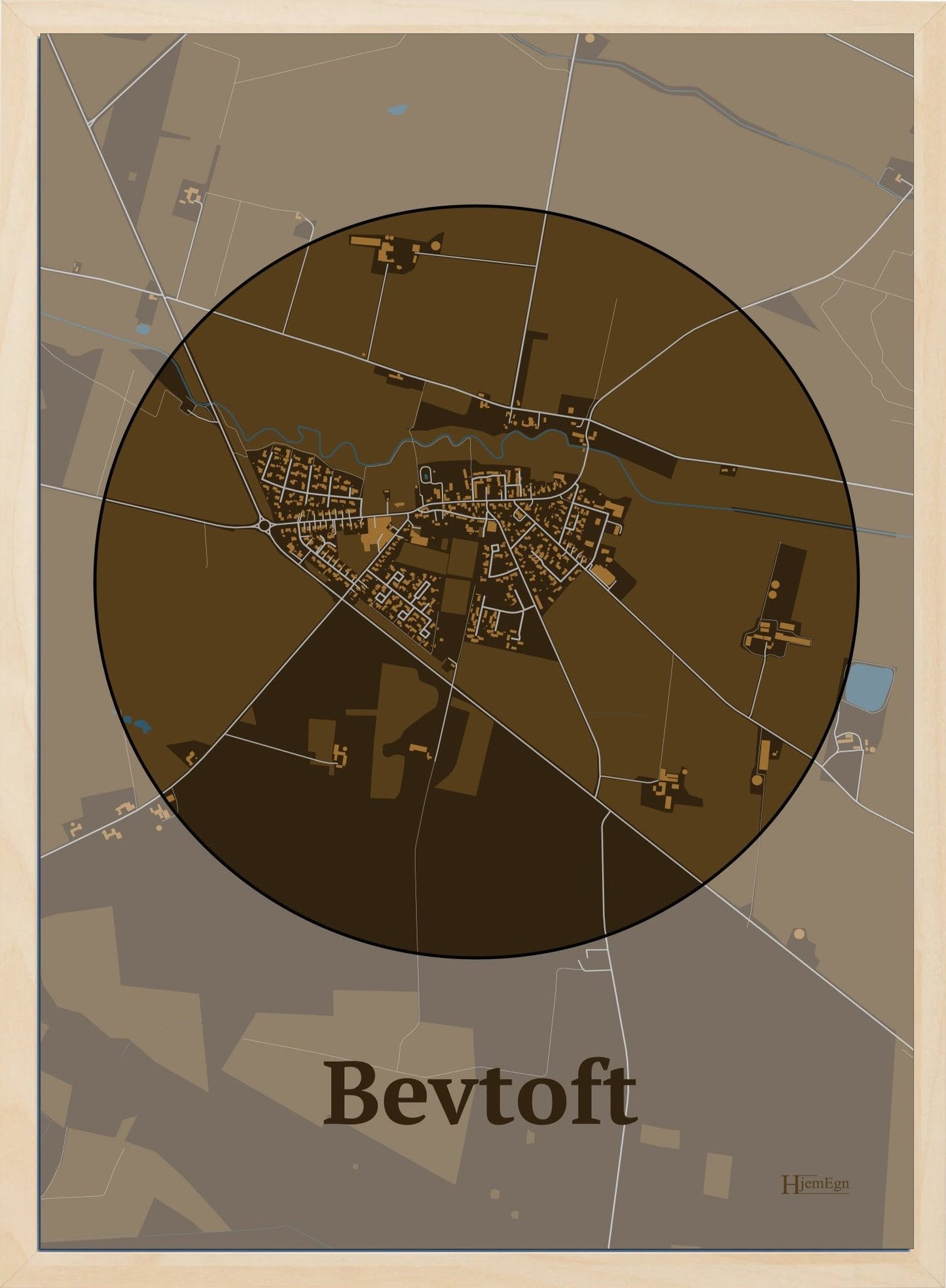 Bevtoft plakat i farve mørk brun og HjemEgn.dk design centrum. Design bykort for Bevtoft