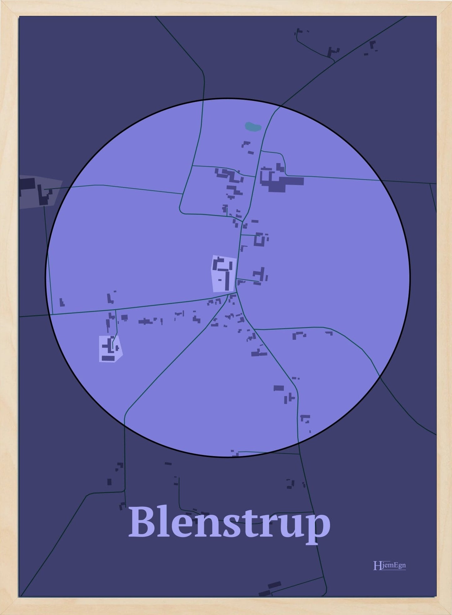 Blenstrup plakat i farve pastel lilla og HjemEgn.dk design centrum. Design bykort for Blenstrup