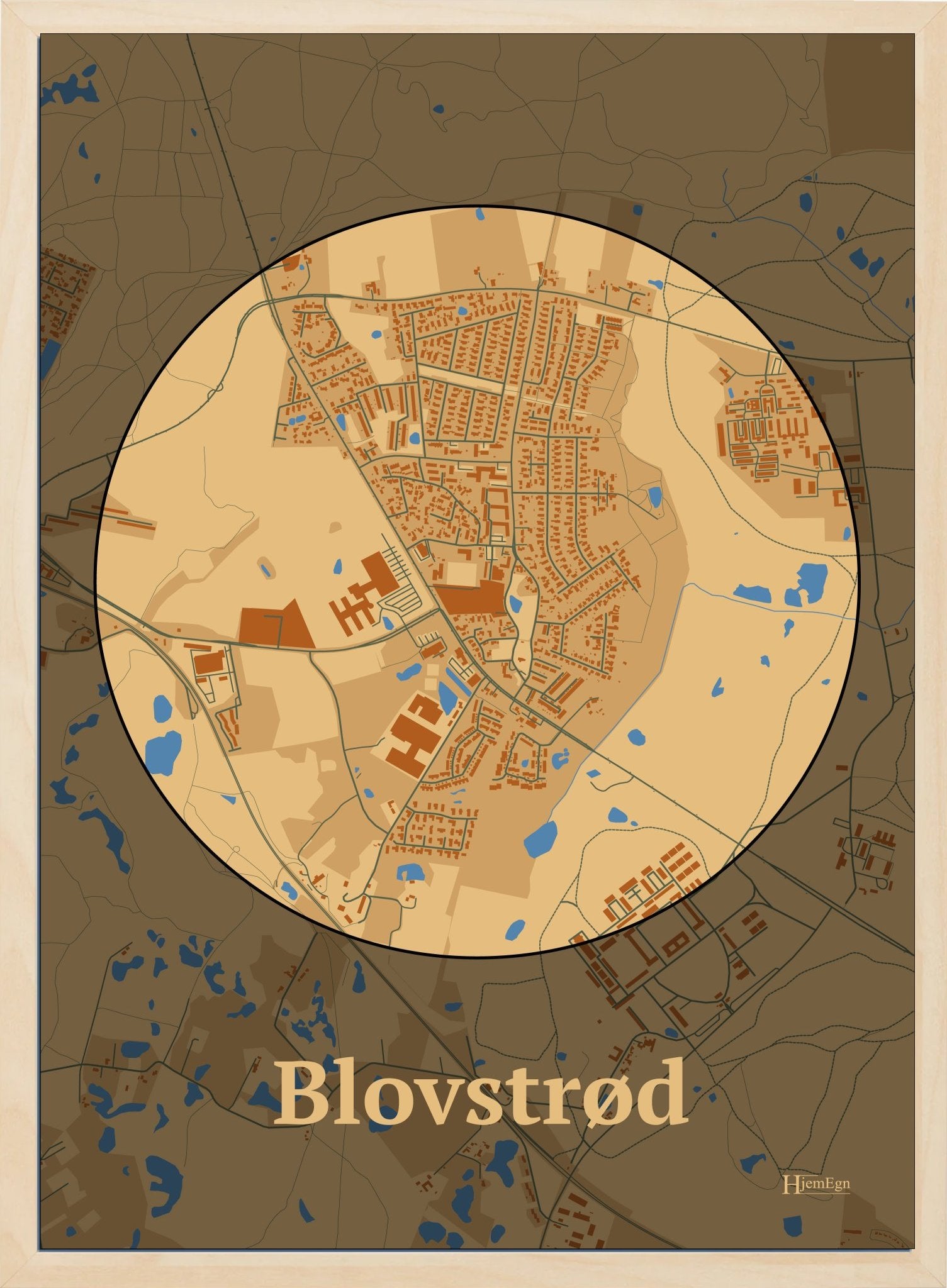 Blovstrød plakat i farve pastel brun og HjemEgn.dk design centrum. Design bykort for Blovstrød