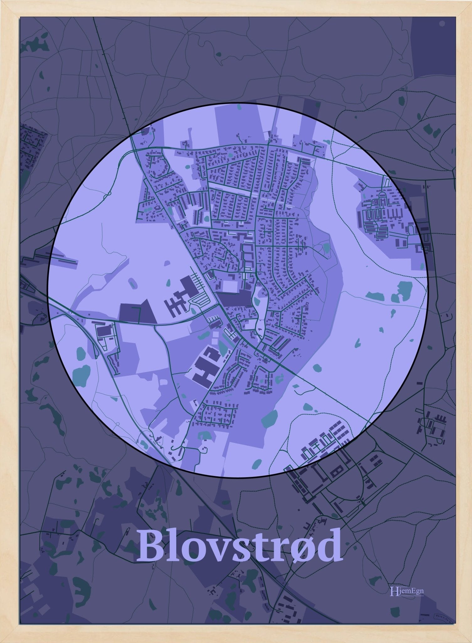 Blovstrød plakat i farve pastel lilla og HjemEgn.dk design centrum. Design bykort for Blovstrød