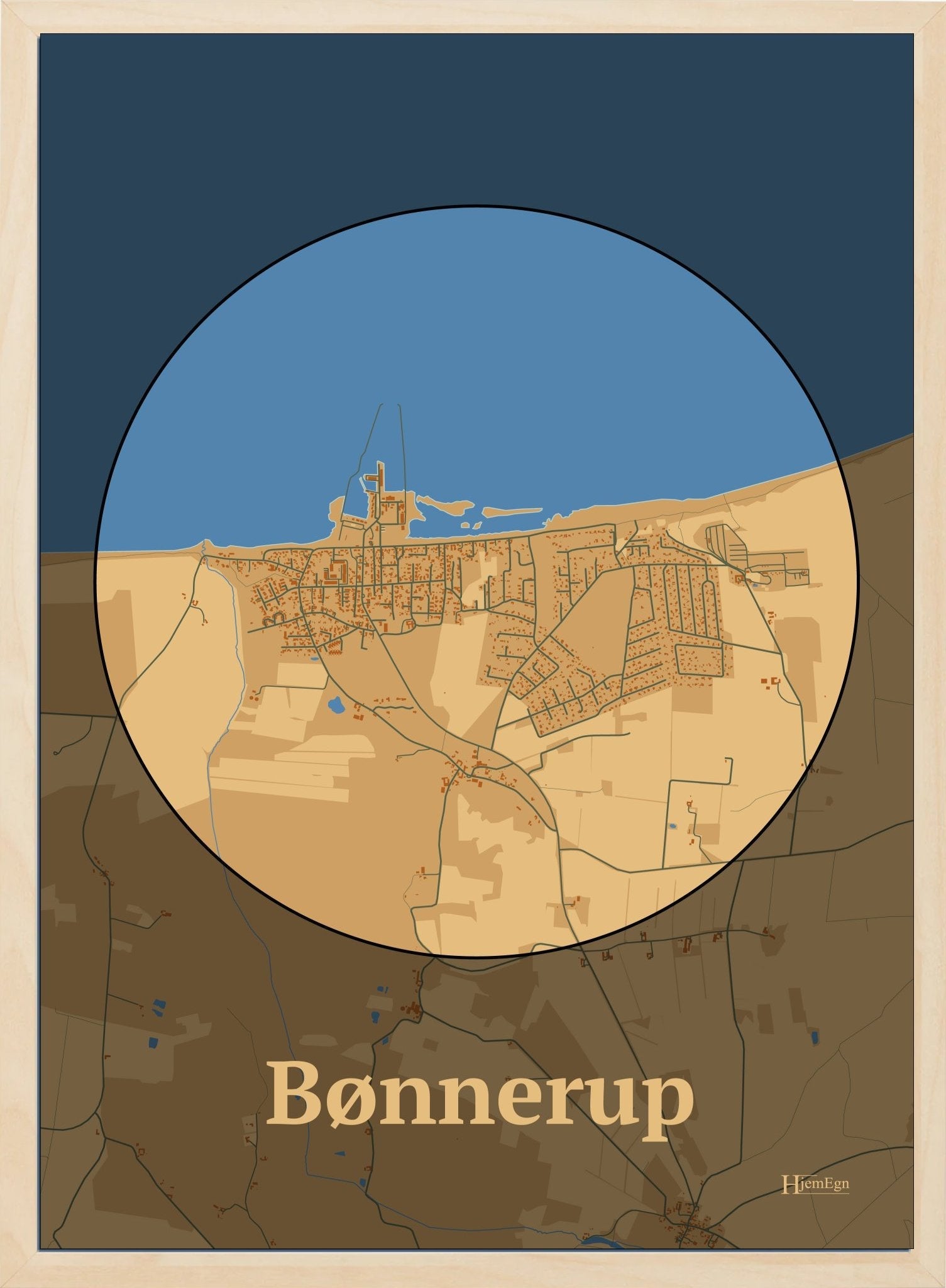 Bønnerup plakat i farve pastel brun og HjemEgn.dk design centrum. Design bykort for Bønnerup