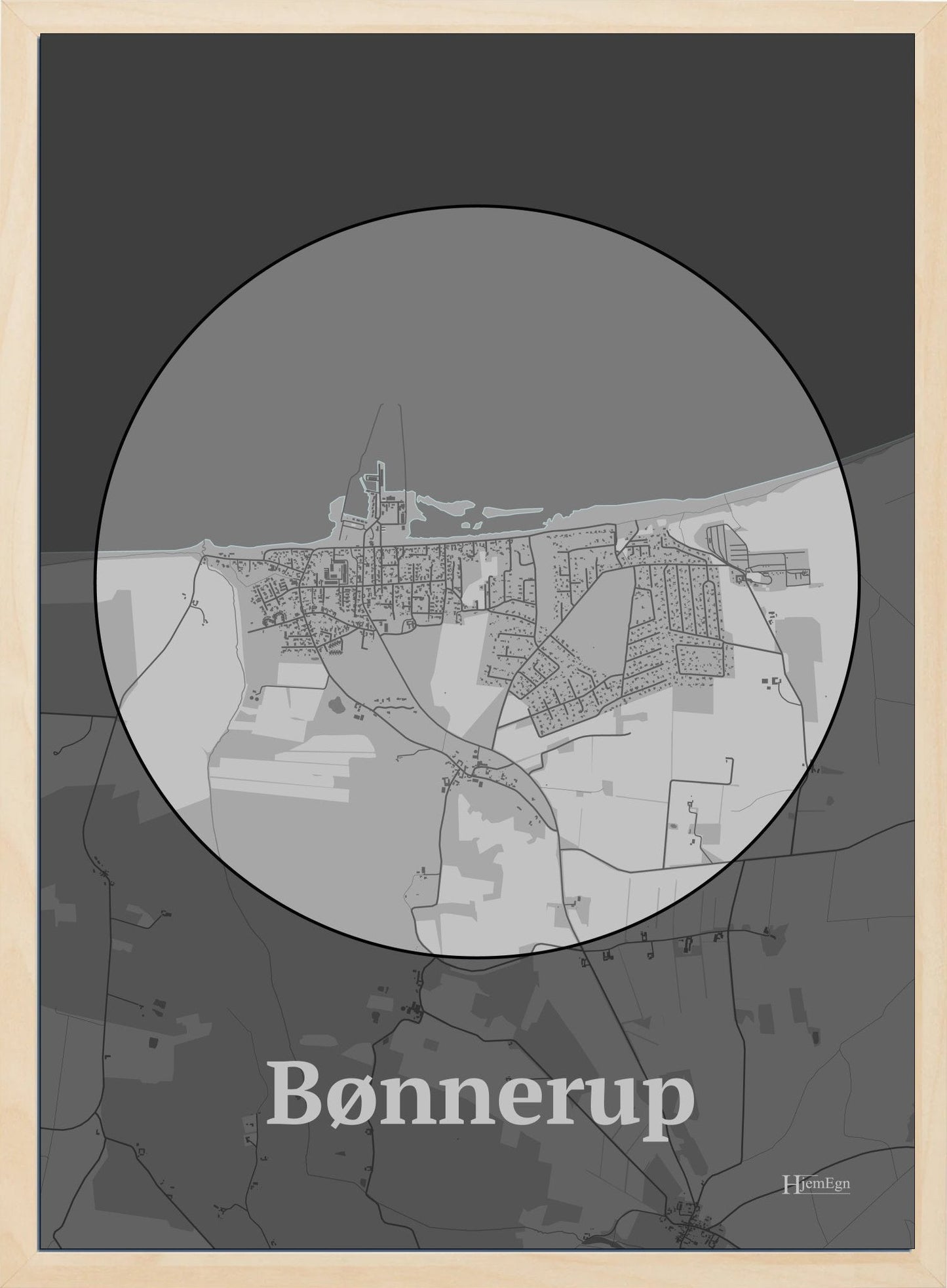 Bønnerup plakat i farve pastel grå og HjemEgn.dk design centrum. Design bykort for Bønnerup