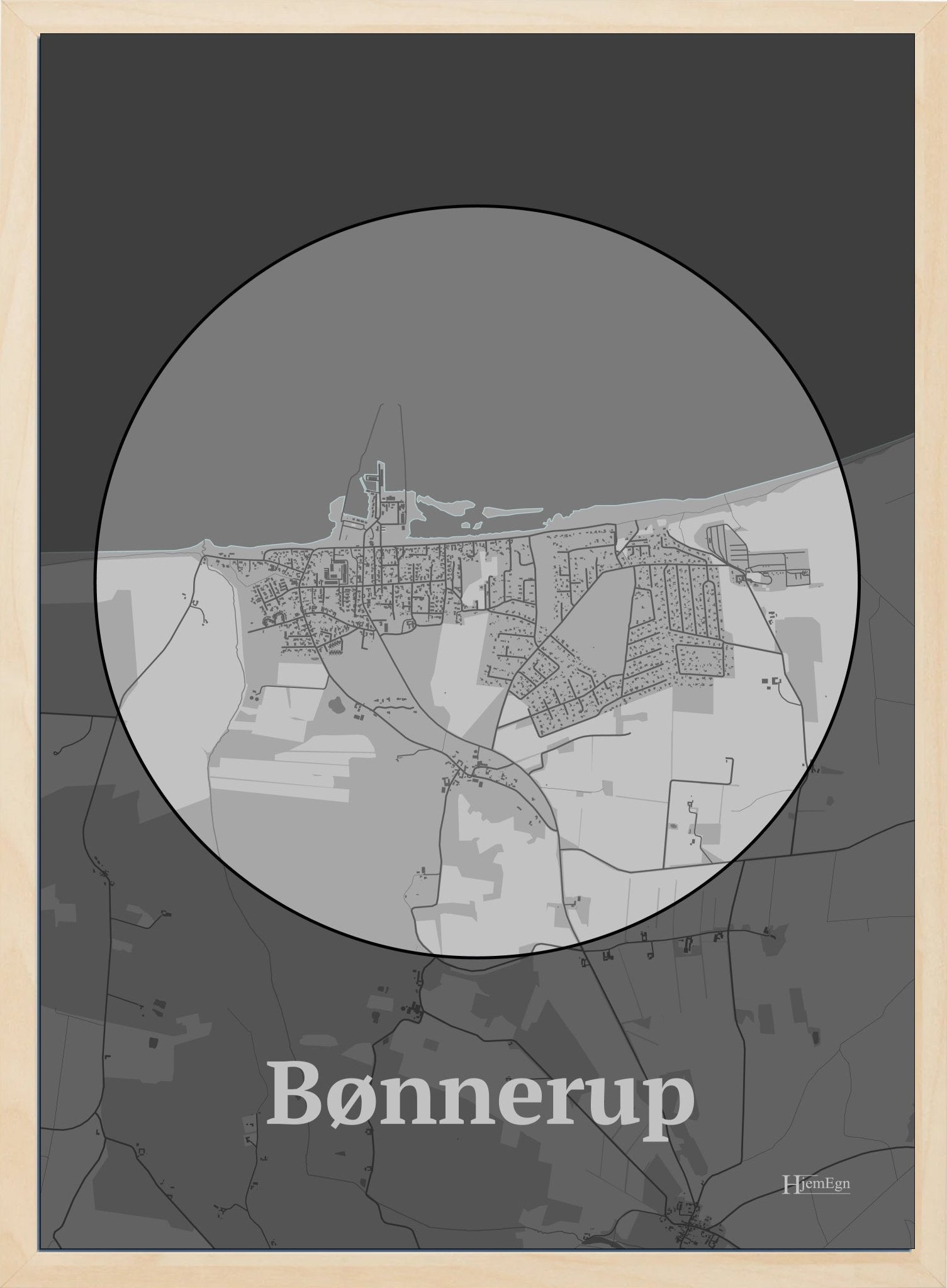 Bønnerup plakat i farve pastel grå og HjemEgn.dk design centrum. Design bykort for Bønnerup