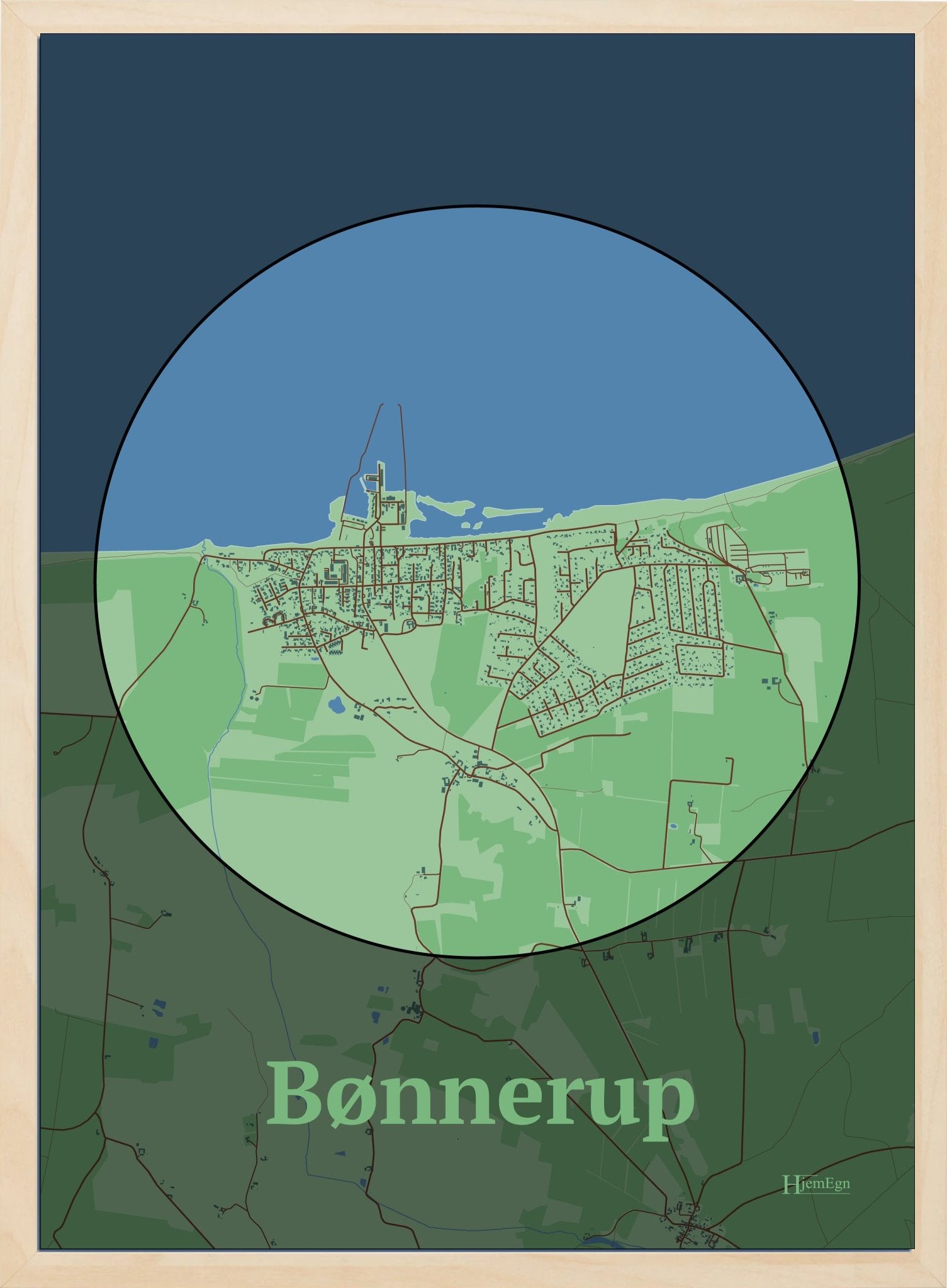Bønnerup plakat i farve pastel grøn og HjemEgn.dk design centrum. Design bykort for Bønnerup