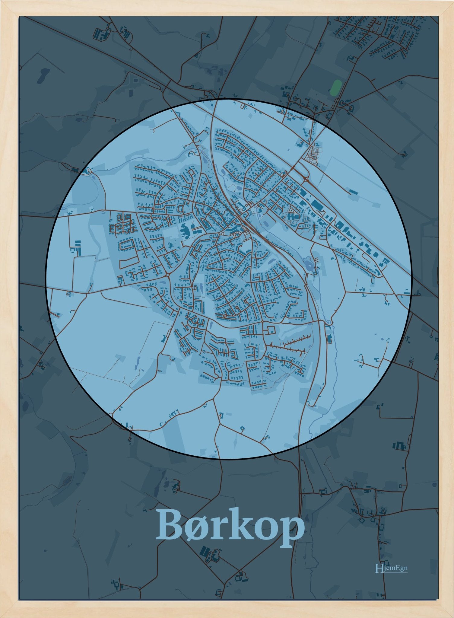Børkop plakat i farve pastel blå og HjemEgn.dk design centrum. Design bykort for Børkop