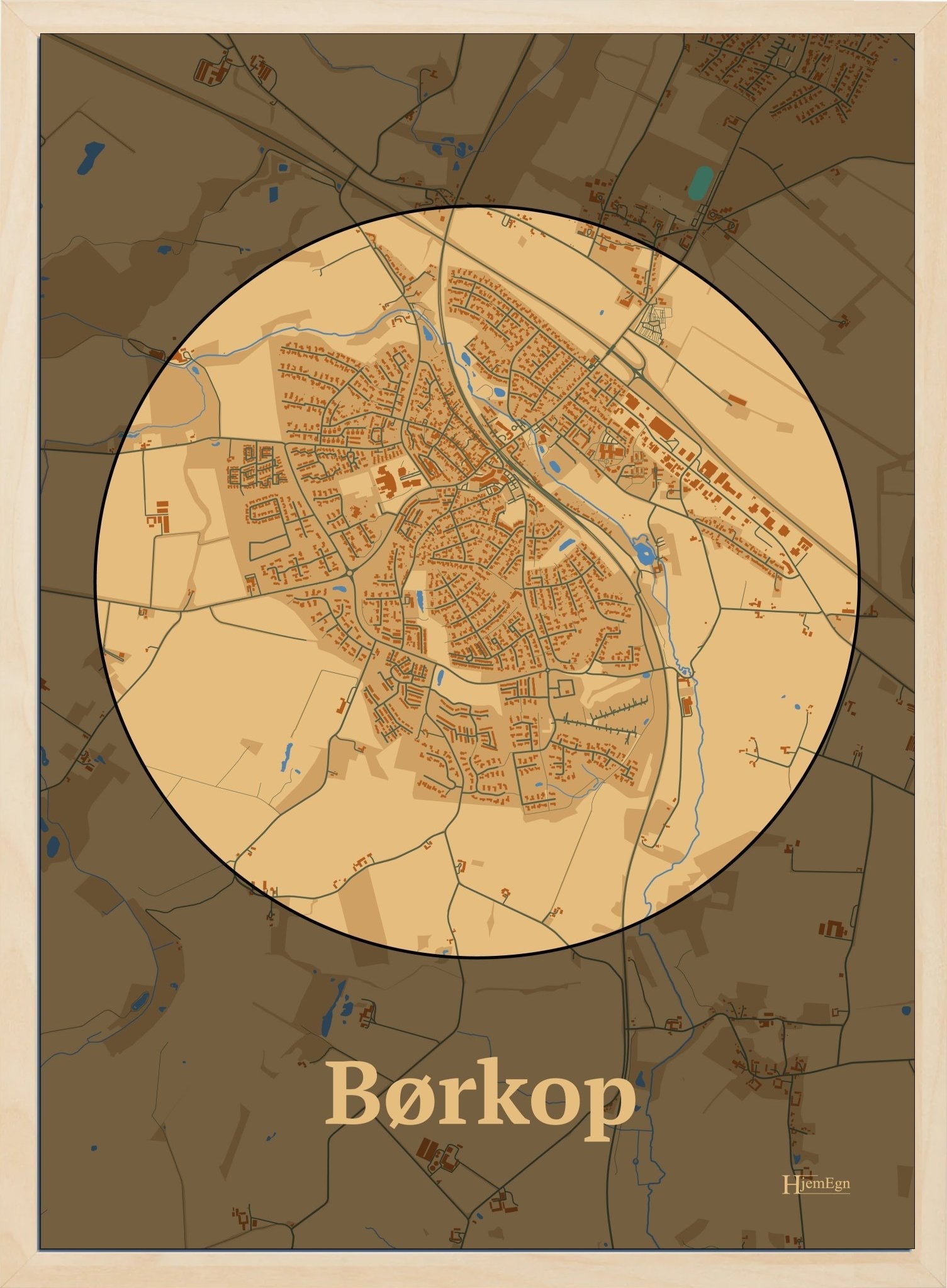 Børkop plakat i farve pastel brun og HjemEgn.dk design centrum. Design bykort for Børkop