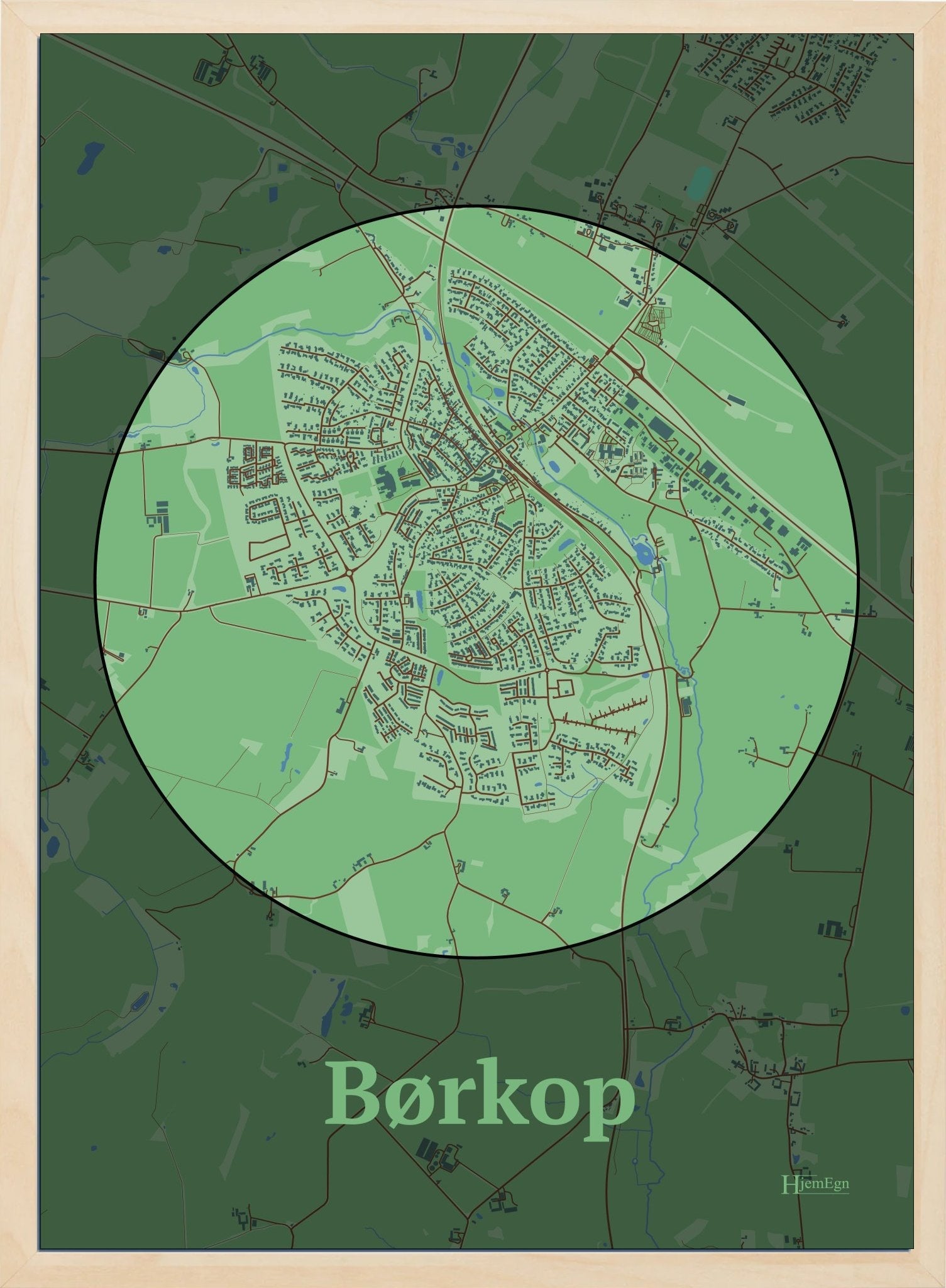 Børkop plakat i farve pastel grøn og HjemEgn.dk design centrum. Design bykort for Børkop