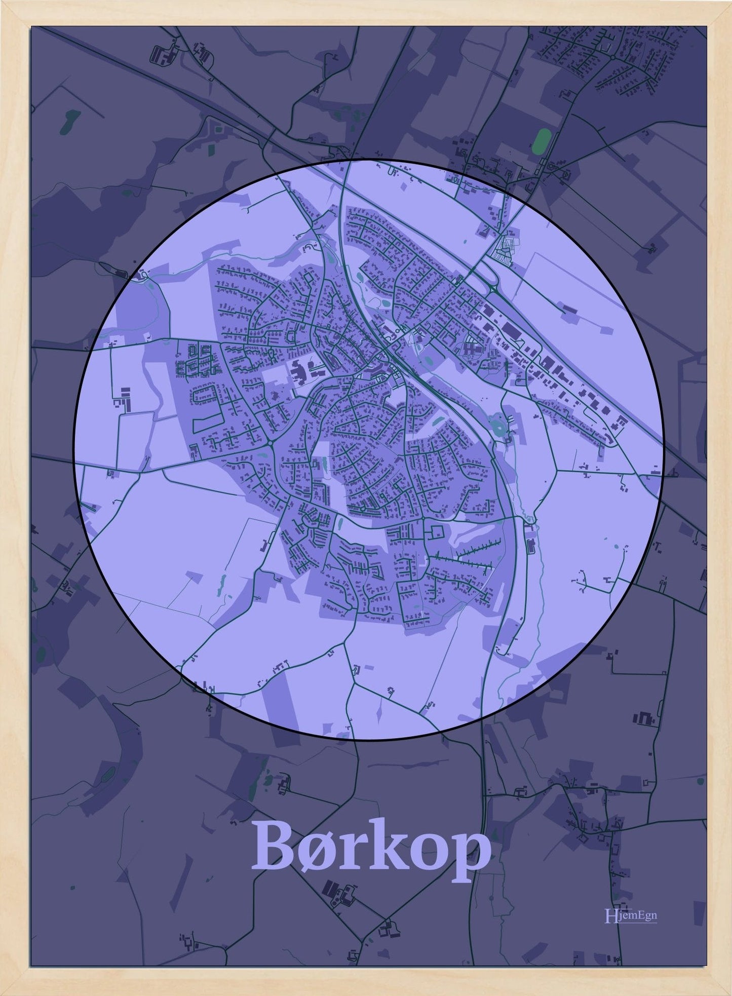 Børkop plakat i farve pastel lilla og HjemEgn.dk design centrum. Design bykort for Børkop