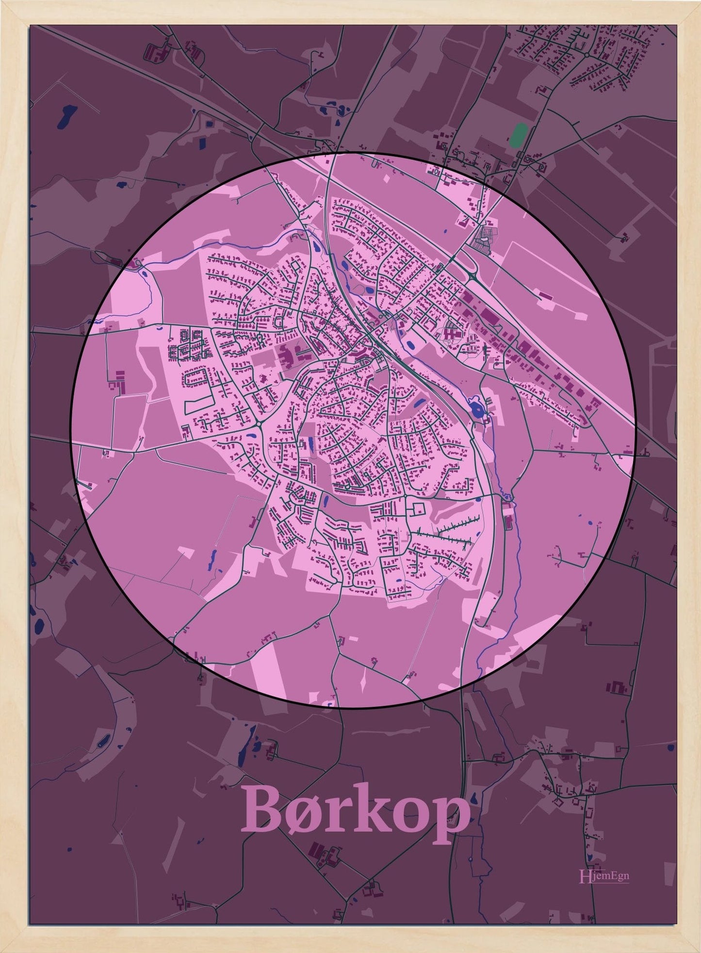 Børkop plakat i farve pastel rød og HjemEgn.dk design centrum. Design bykort for Børkop