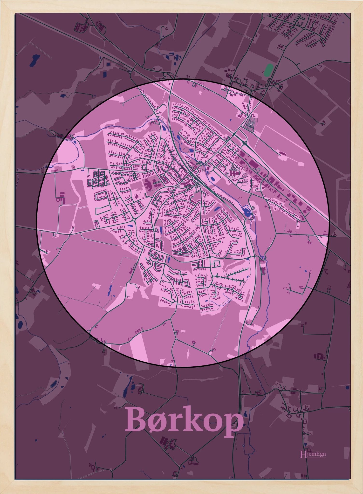 Børkop plakat i farve pastel rød og HjemEgn.dk design centrum. Design bykort for Børkop
