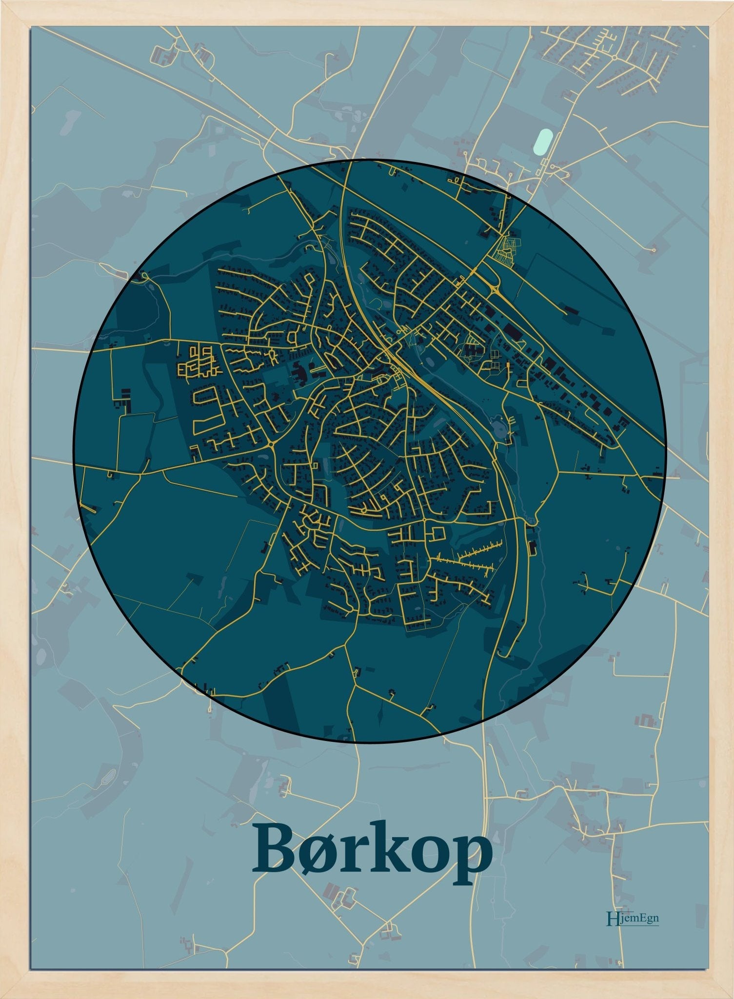 Børkop plakat i farve mørk blå og HjemEgn.dk design centrum. Design bykort for Børkop