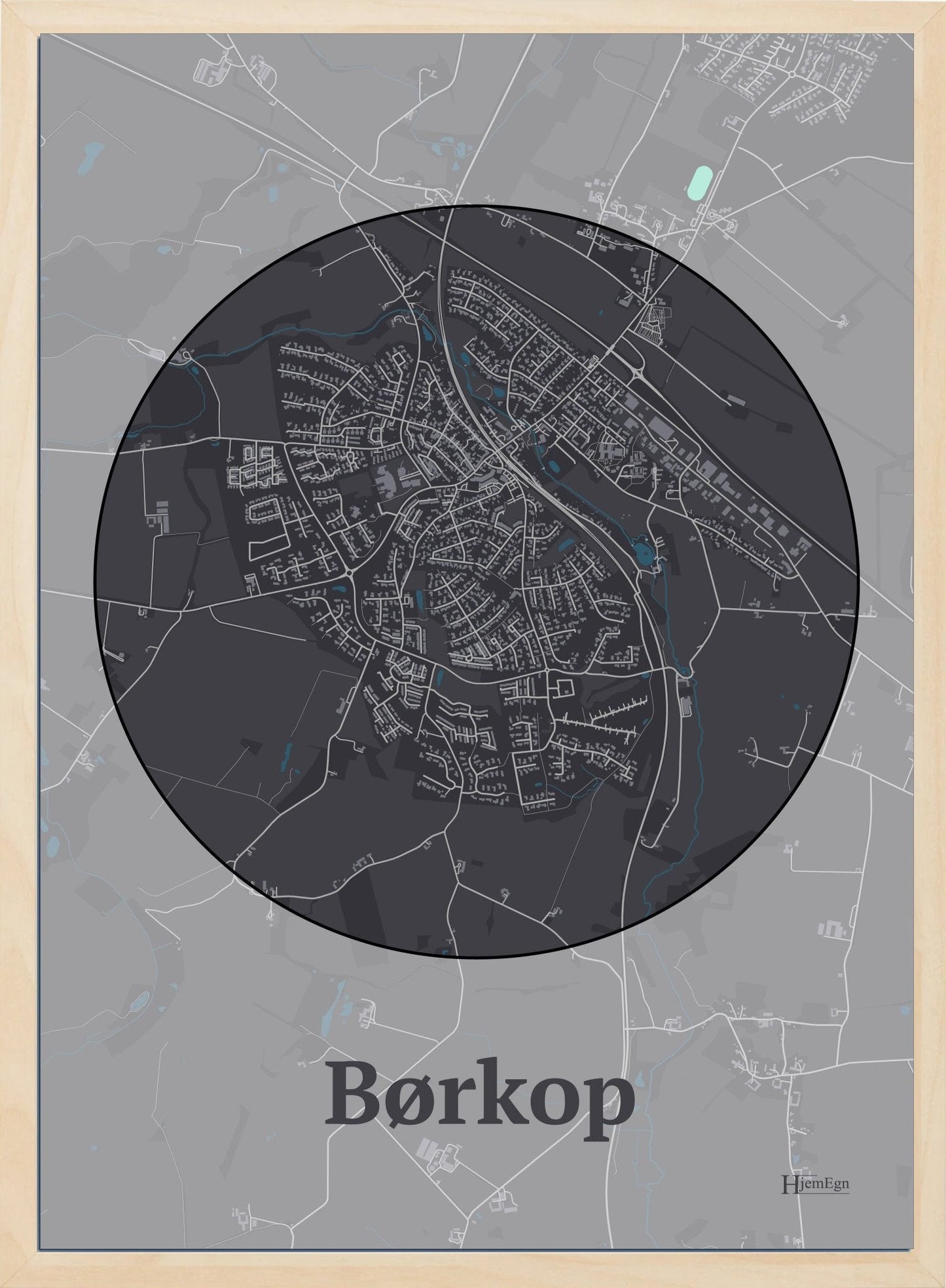 Børkop plakat i farve mørk brun og HjemEgn.dk design centrum. Design bykort for Børkop