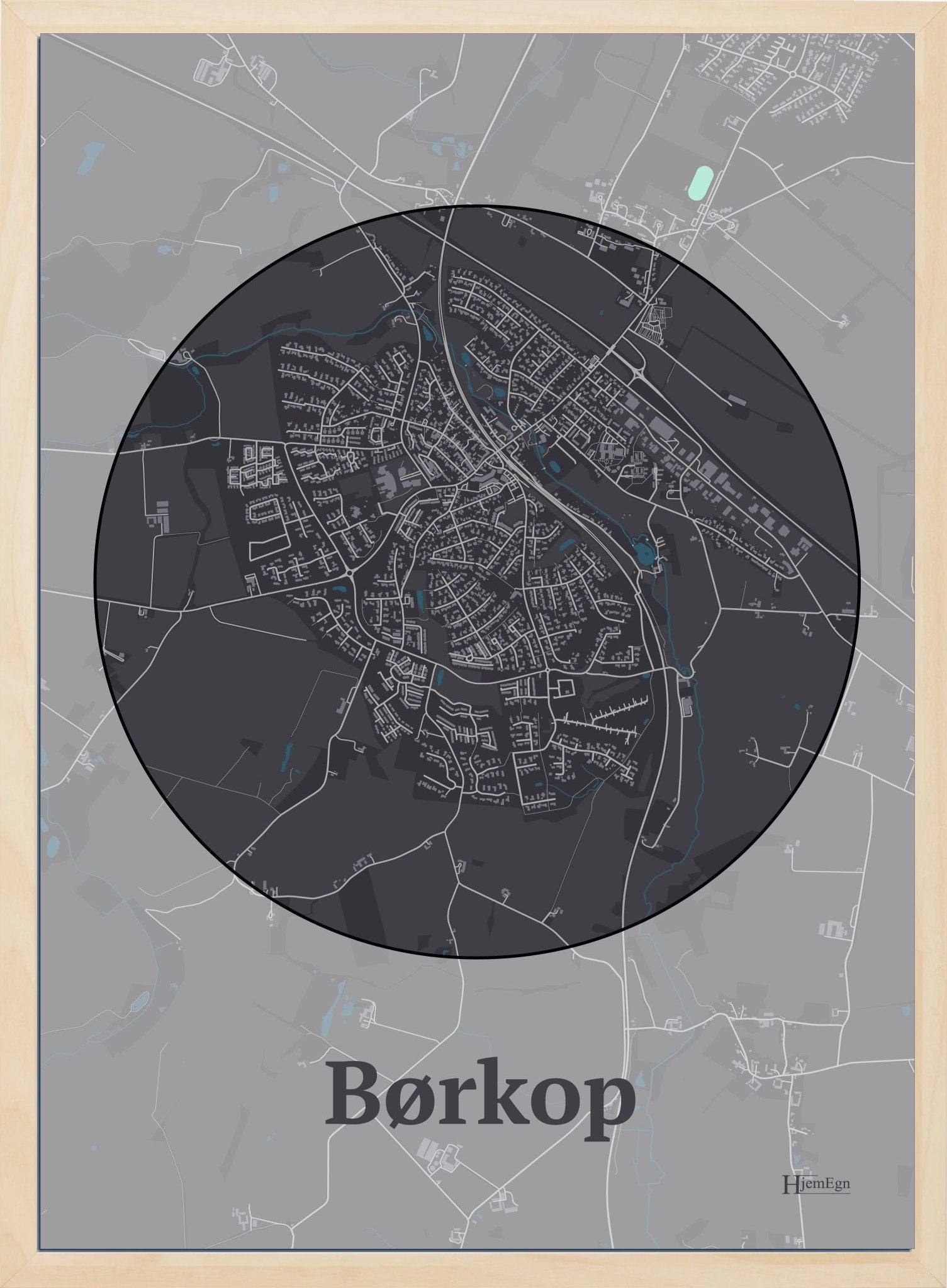 Børkop plakat i farve mørk brun og HjemEgn.dk design centrum. Design bykort for Børkop
