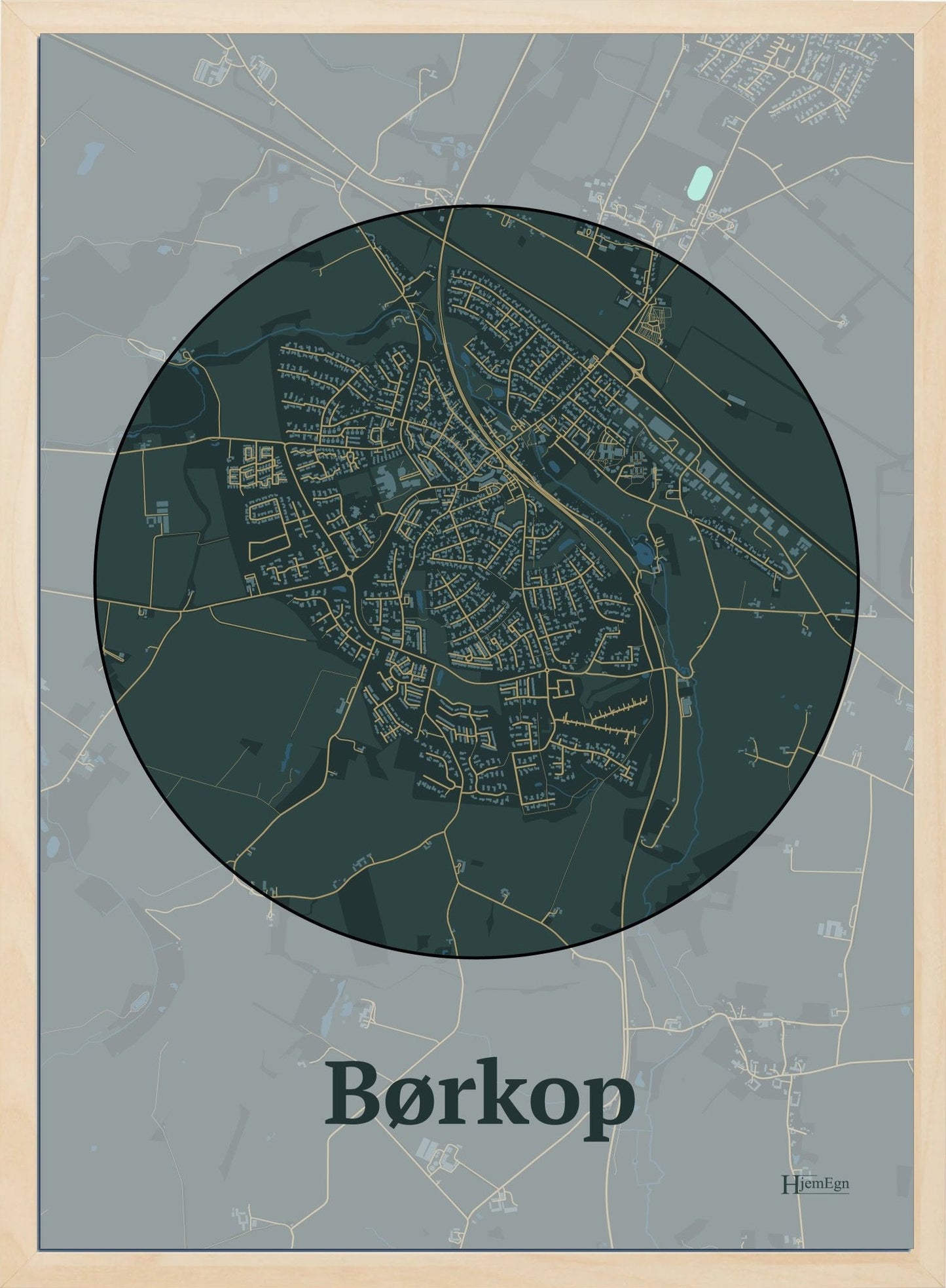 Børkop plakat i farve mørk grøn og HjemEgn.dk design centrum. Design bykort for Børkop