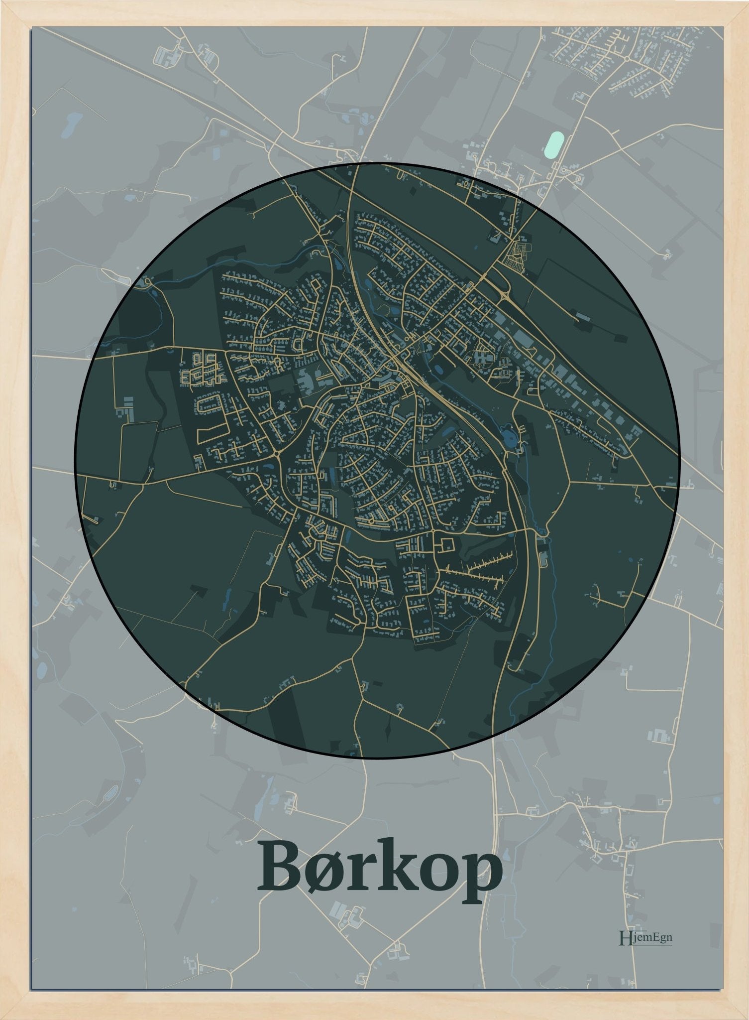 Børkop plakat i farve mørk grøn og HjemEgn.dk design centrum. Design bykort for Børkop
