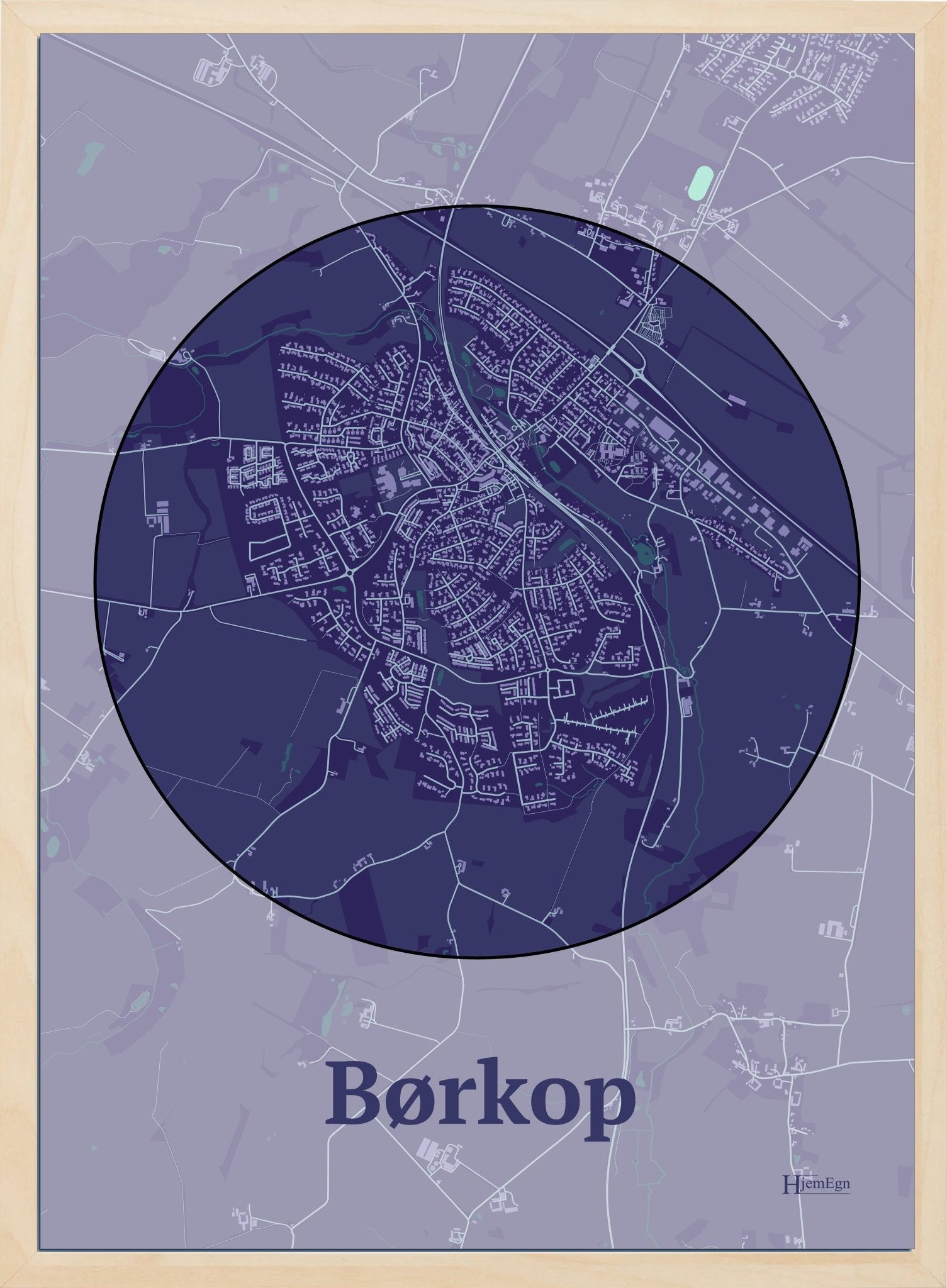 Børkop plakat i farve mørk lilla og HjemEgn.dk design centrum. Design bykort for Børkop