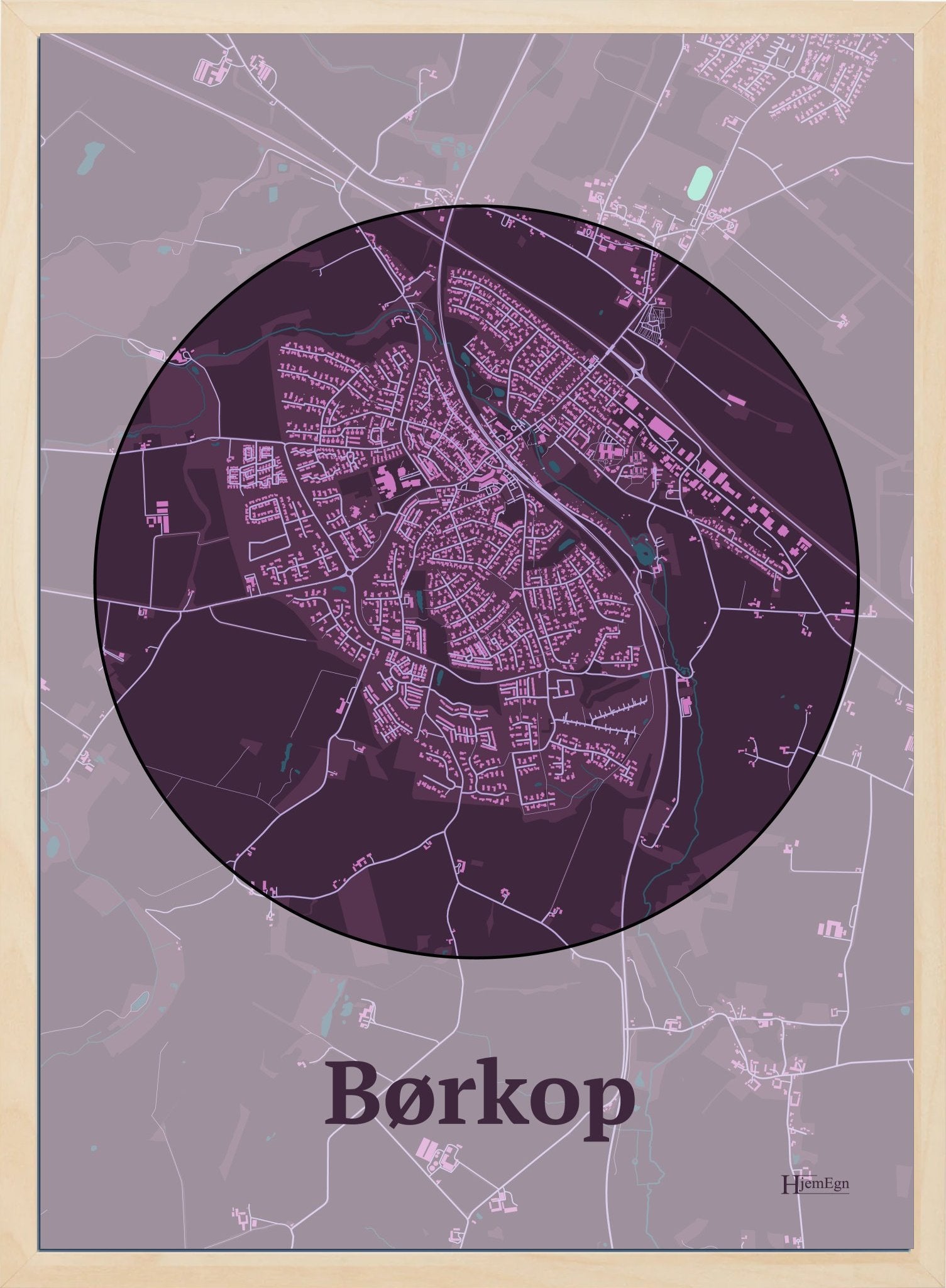 Børkop plakat i farve mørk rød og HjemEgn.dk design centrum. Design bykort for Børkop