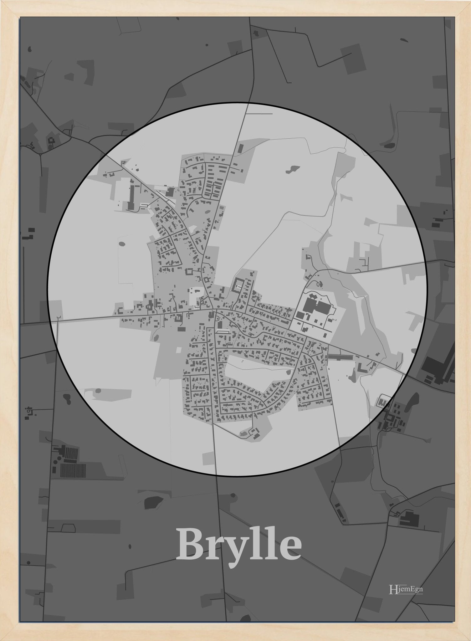 Brylle plakat i farve pastel grå og HjemEgn.dk design centrum. Design bykort for Brylle