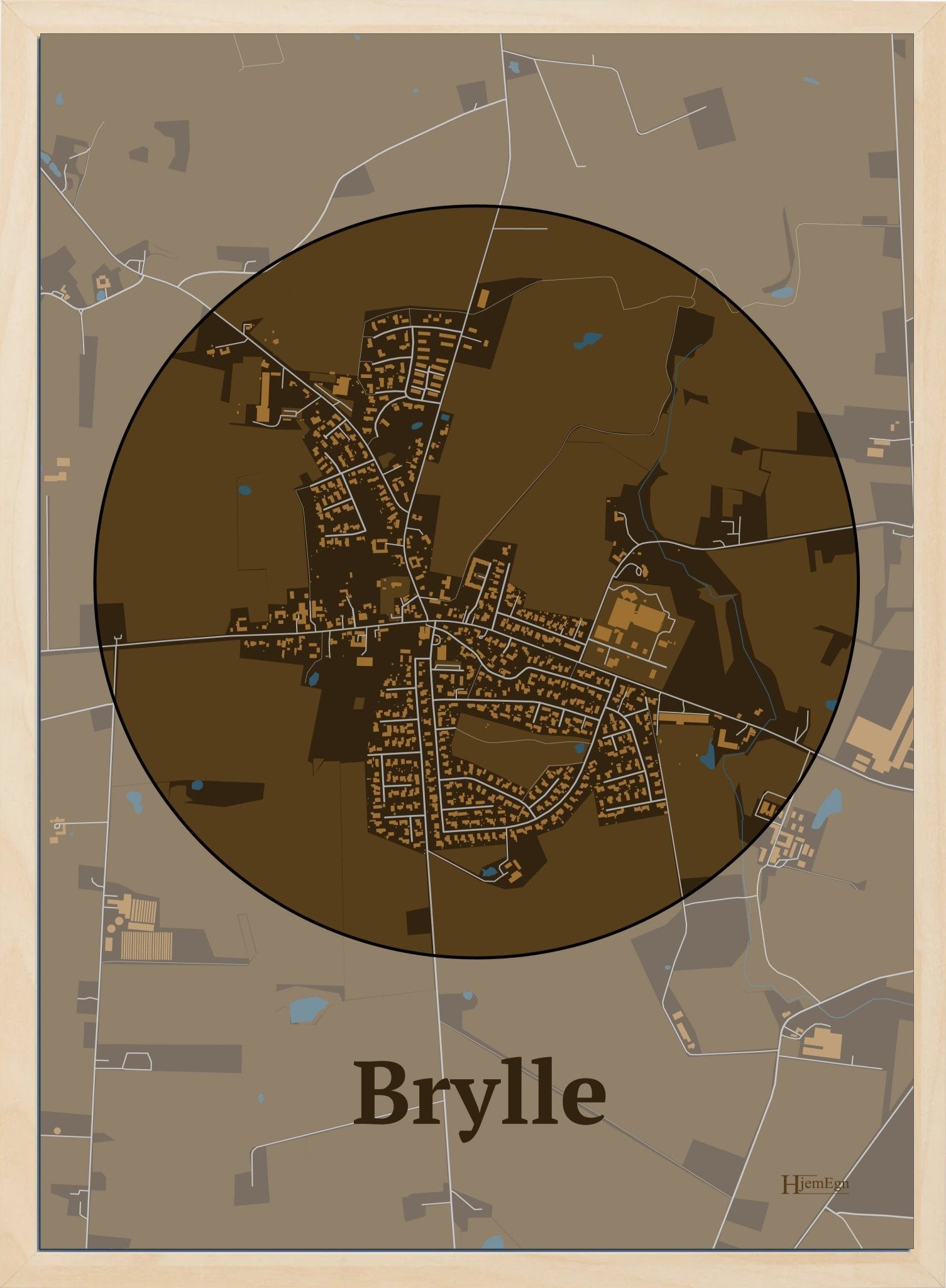 Brylle plakat i farve mørk brun og HjemEgn.dk design centrum. Design bykort for Brylle