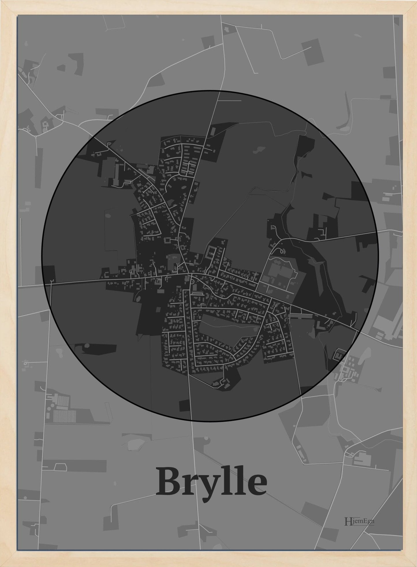 Brylle plakat i farve mørk grå og HjemEgn.dk design centrum. Design bykort for Brylle