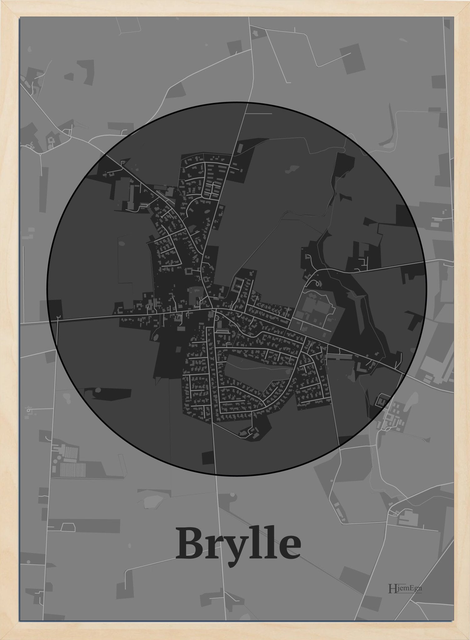 Brylle plakat i farve mørk grå og HjemEgn.dk design centrum. Design bykort for Brylle