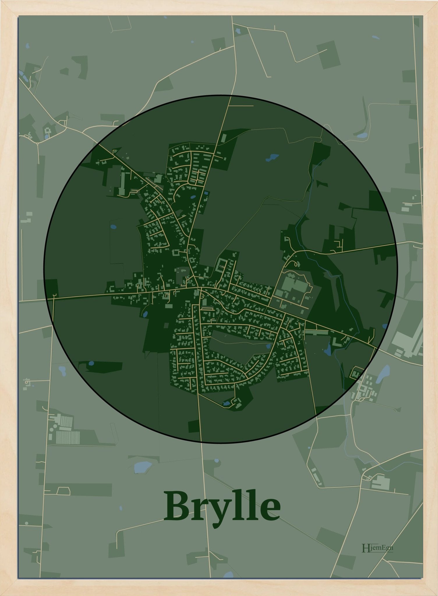 Brylle plakat i farve mørk grøn og HjemEgn.dk design centrum. Design bykort for Brylle