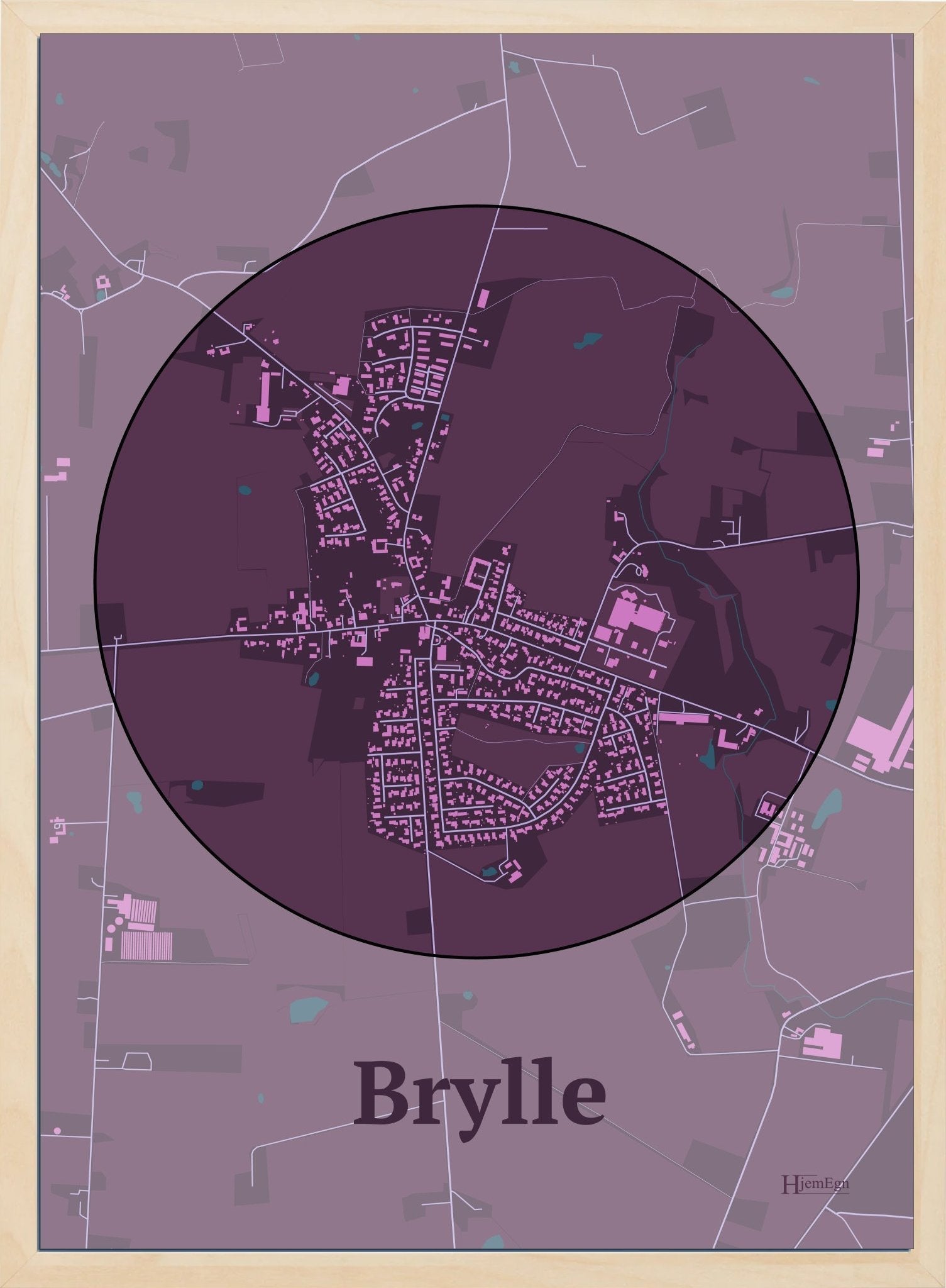 Brylle plakat i farve mørk rød og HjemEgn.dk design centrum. Design bykort for Brylle