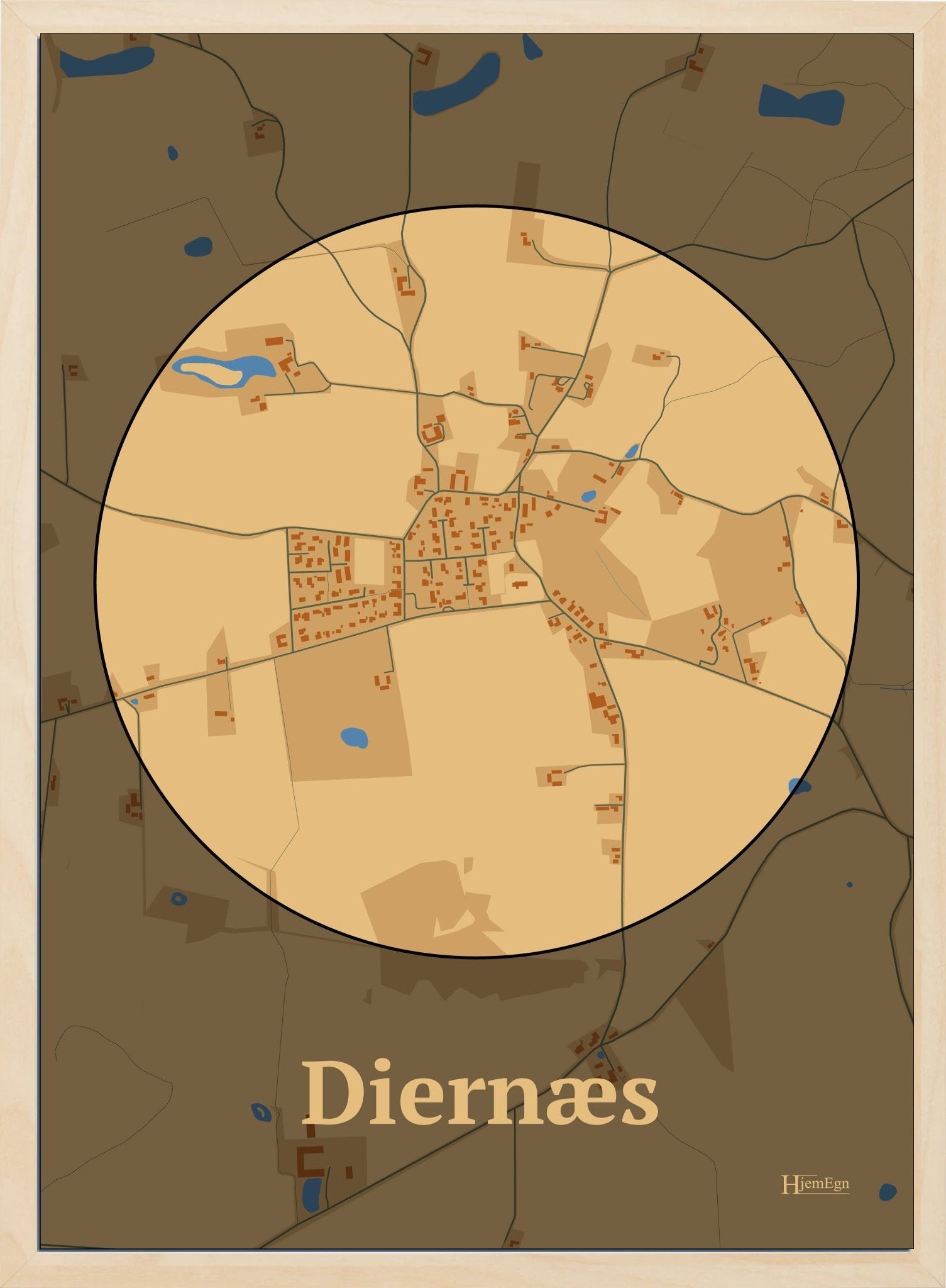 Diernæs plakat i farve pastel brun og HjemEgn.dk design centrum. Design bykort for Diernæs