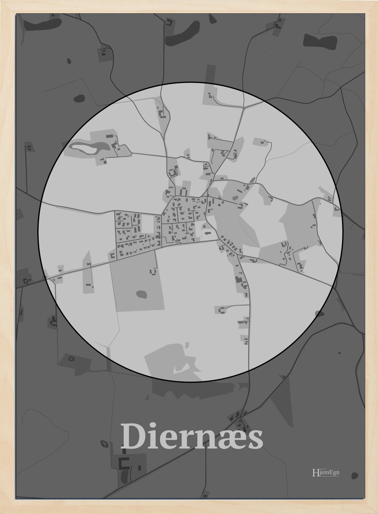 Diernæs plakat i farve pastel grå og HjemEgn.dk design centrum. Design bykort for Diernæs
