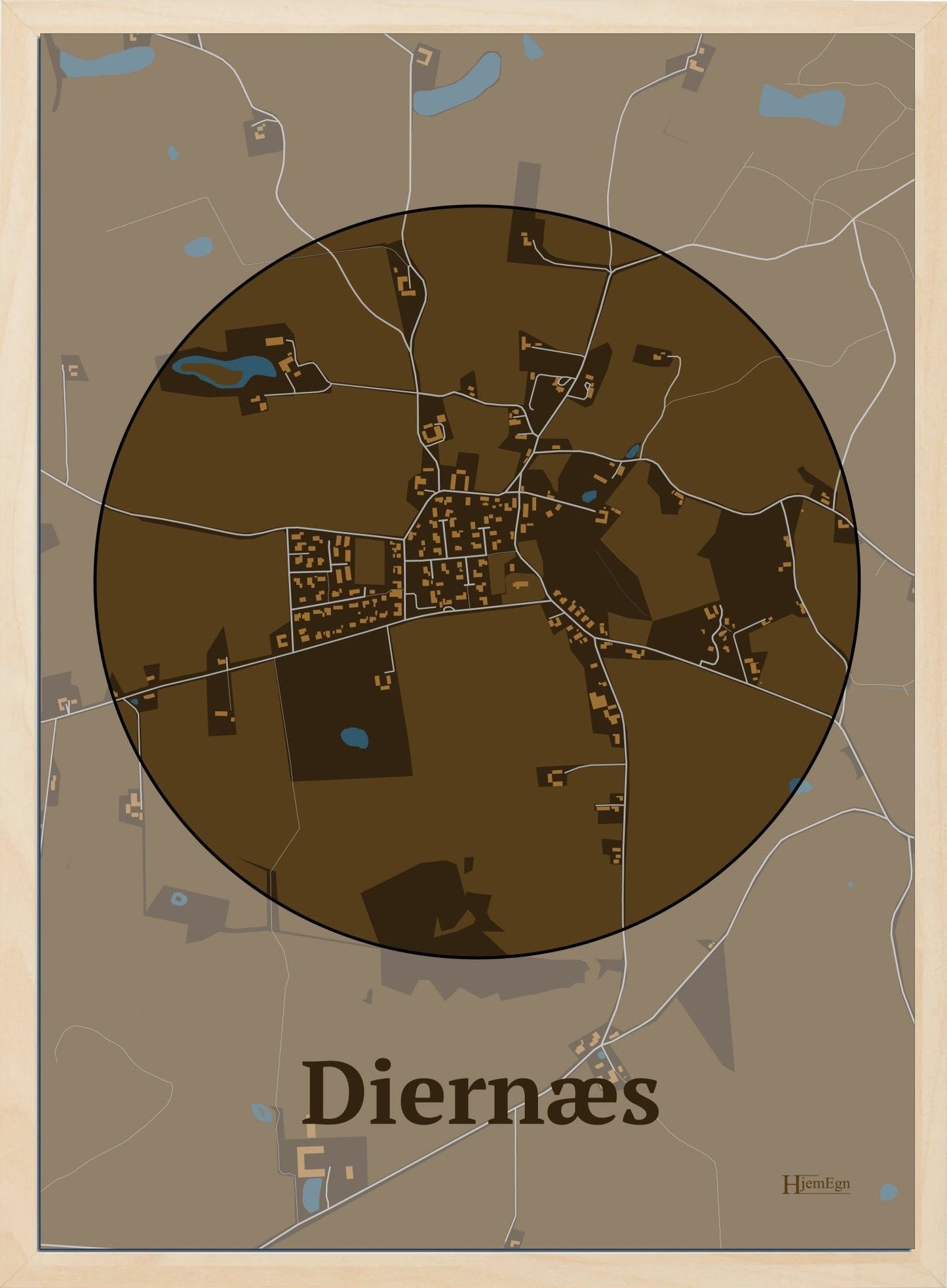 Diernæs plakat i farve mørk brun og HjemEgn.dk design centrum. Design bykort for Diernæs
