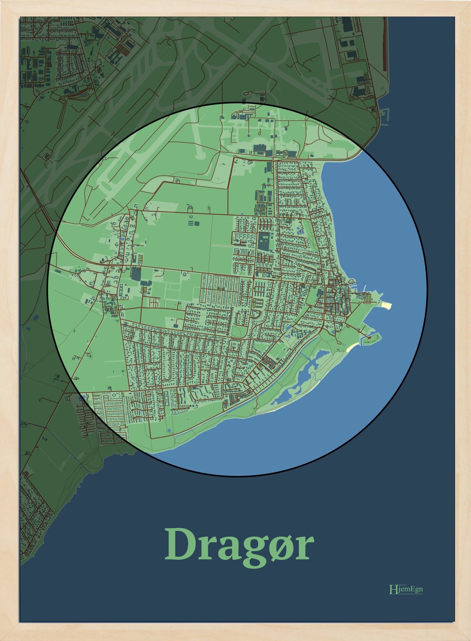 Dragør plakat i farve pastel grøn og HjemEgn.dk design centrum. Design bykort for Dragør