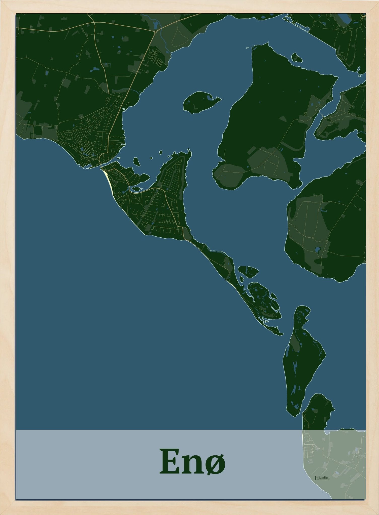 Enø plakat i farve mørk grøn og HjemEgn.dk design firkantet. Design ø-kort for Enø