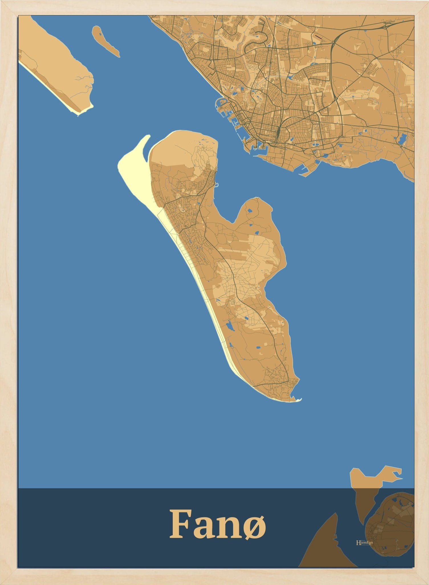 Fanø plakat i farve pastel brun og HjemEgn.dk design firkantet. Design ø-kort for Fanø
