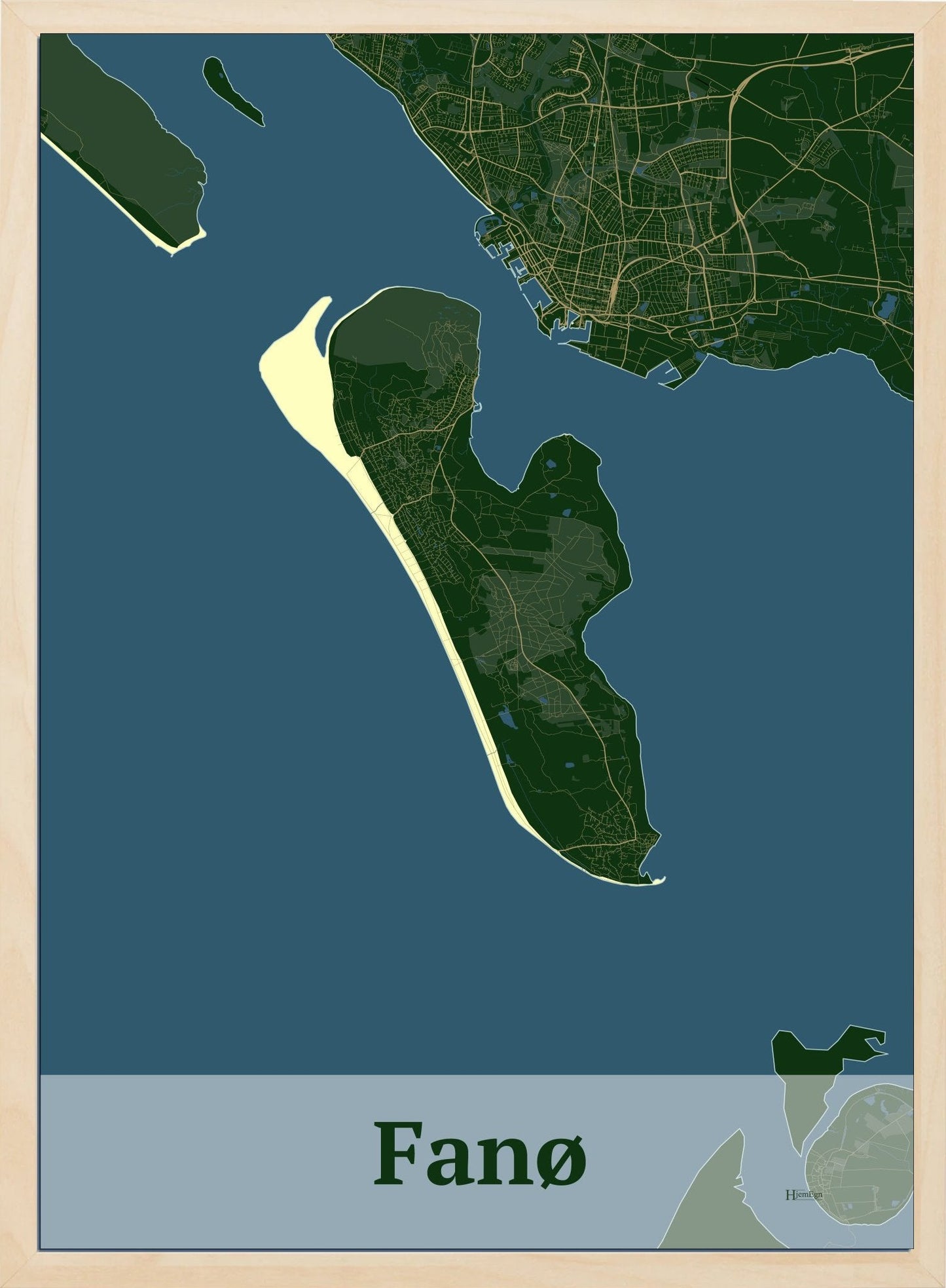 Fanø plakat i farve mørk grøn og HjemEgn.dk design firkantet. Design ø-kort for Fanø
