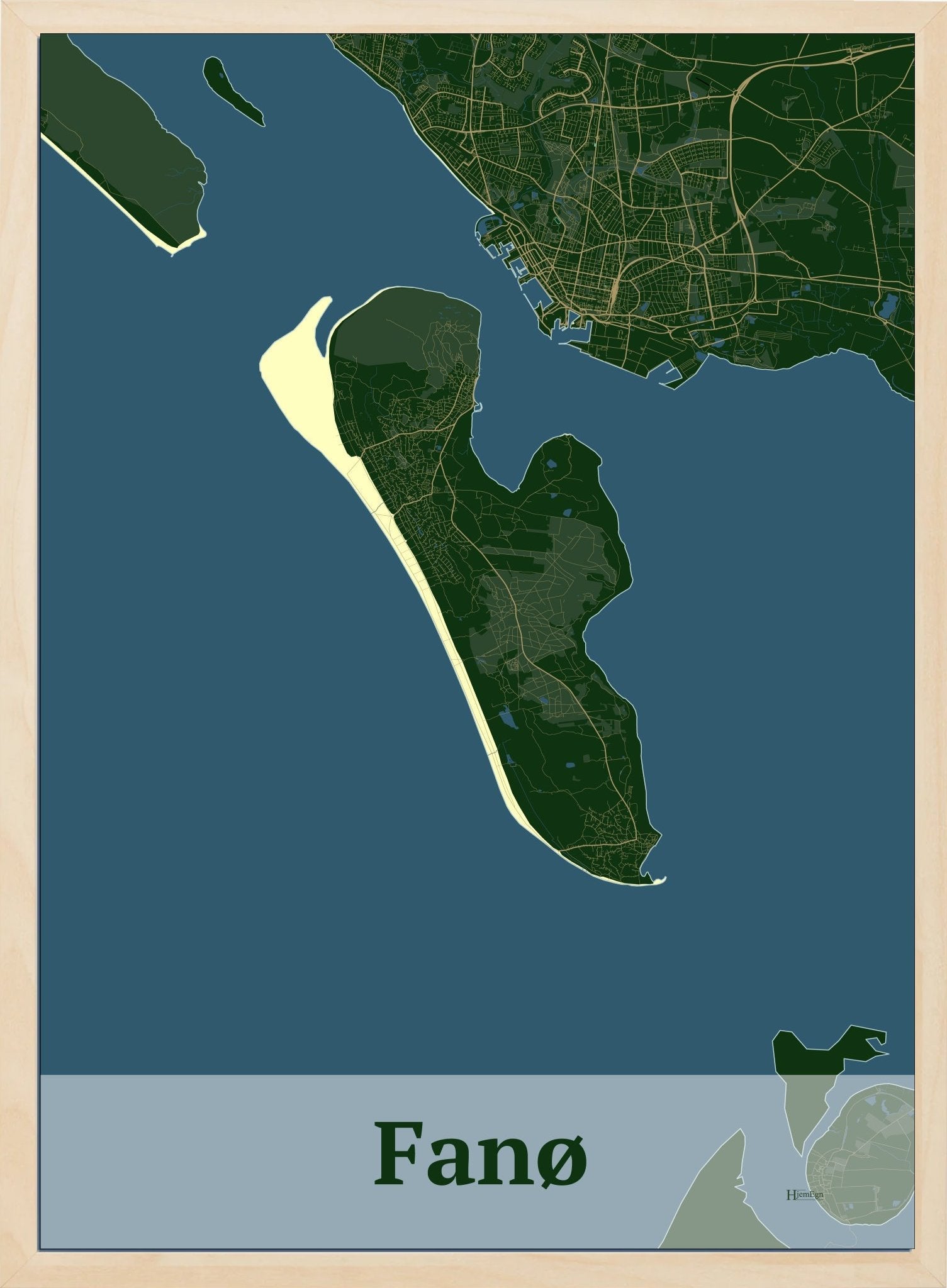 Fanø plakat i farve mørk grøn og HjemEgn.dk design firkantet. Design ø-kort for Fanø