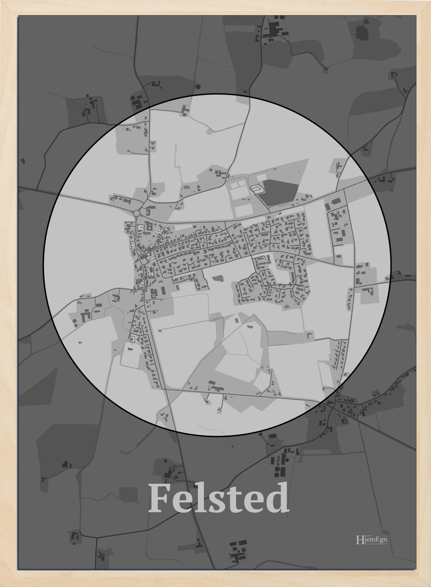 Felsted plakat i farve pastel grå og HjemEgn.dk design centrum. Design bykort for Felsted
