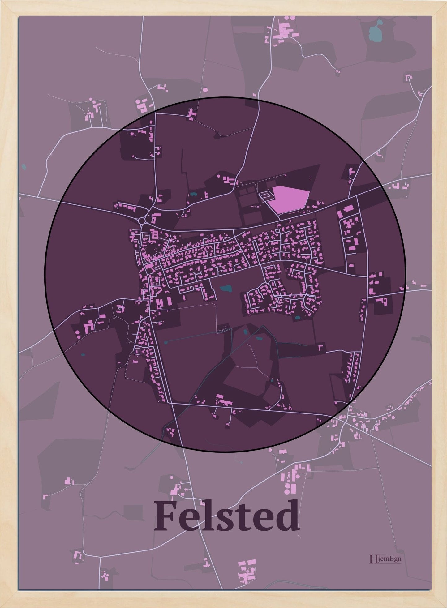 Felsted plakat i farve mørk rød og HjemEgn.dk design centrum. Design bykort for Felsted