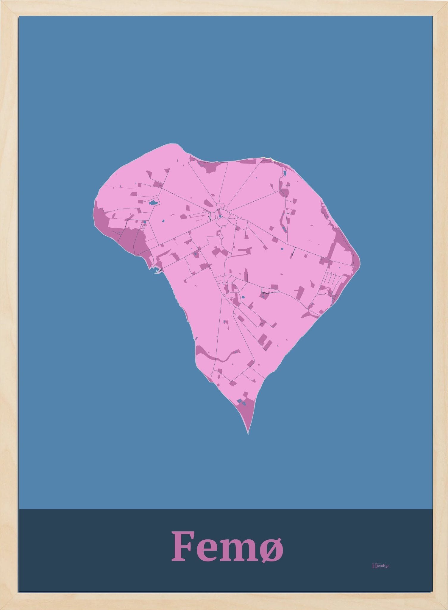 Femø plakat i farve pastel rød og HjemEgn.dk design firkantet. Design ø-kort for Femø
